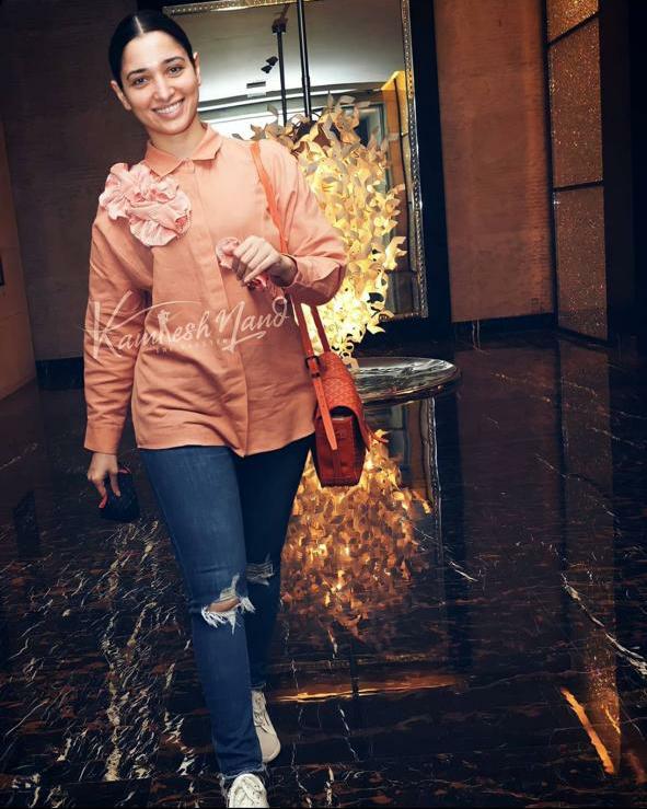 TAMANNA BHATIA IN ORANGE FLOWER SHIRT