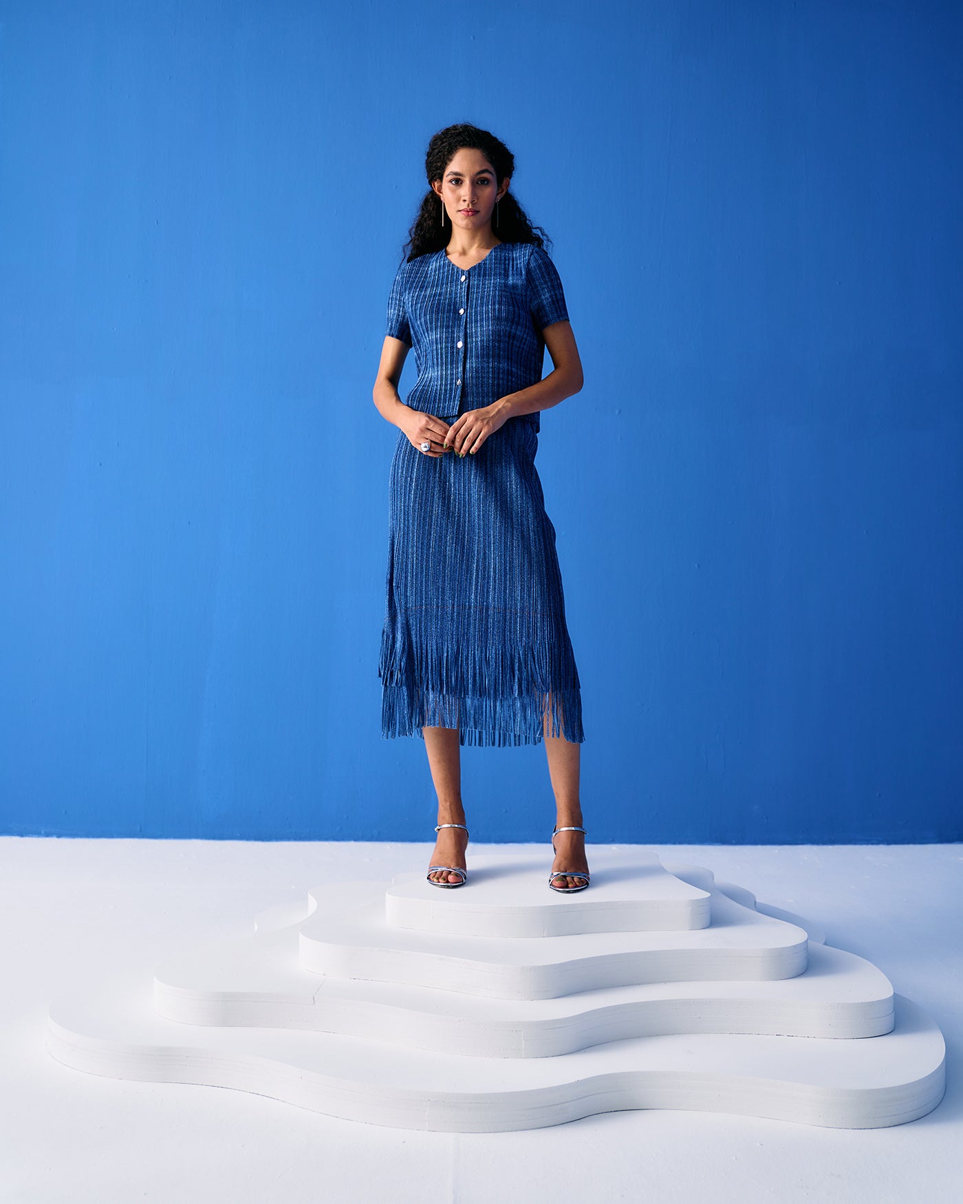 DARK BLUE DENIM PRINT FRINGE SKIRT SET