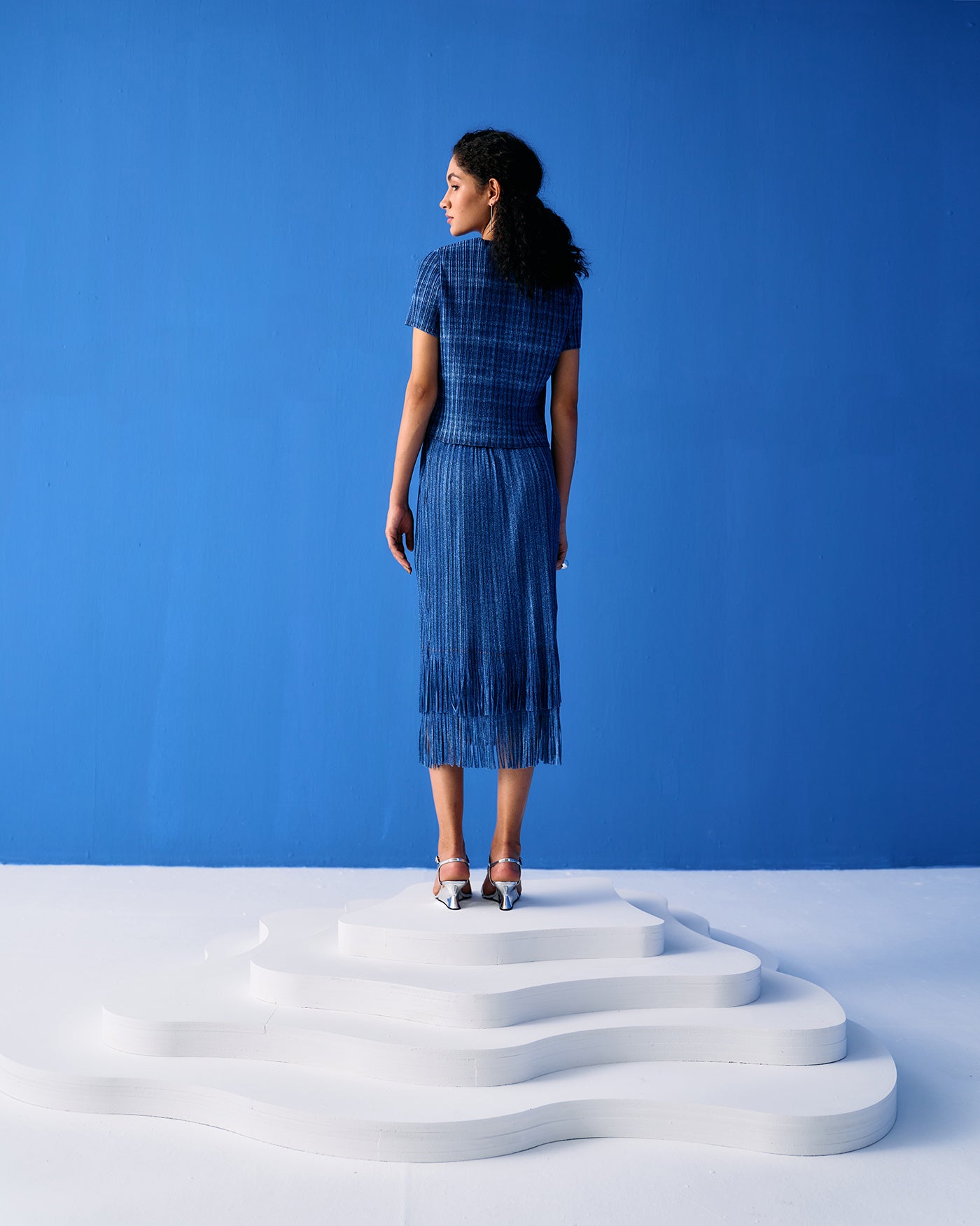 DARK BLUE DENIM PRINT FRINGE SKIRT SET