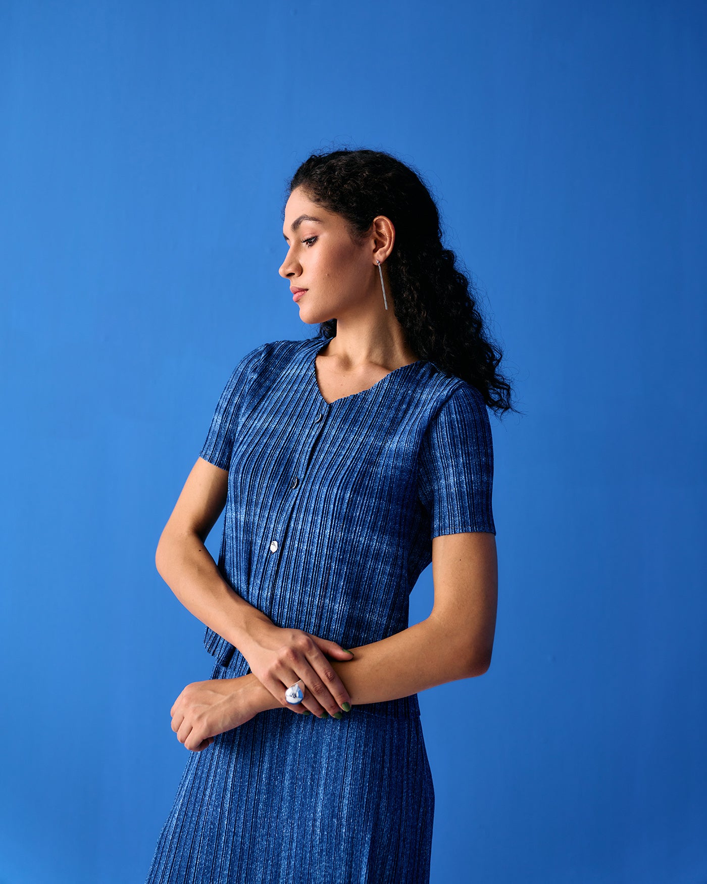 DARK BLUE DENIM PRINT FRINGE SKIRT SET