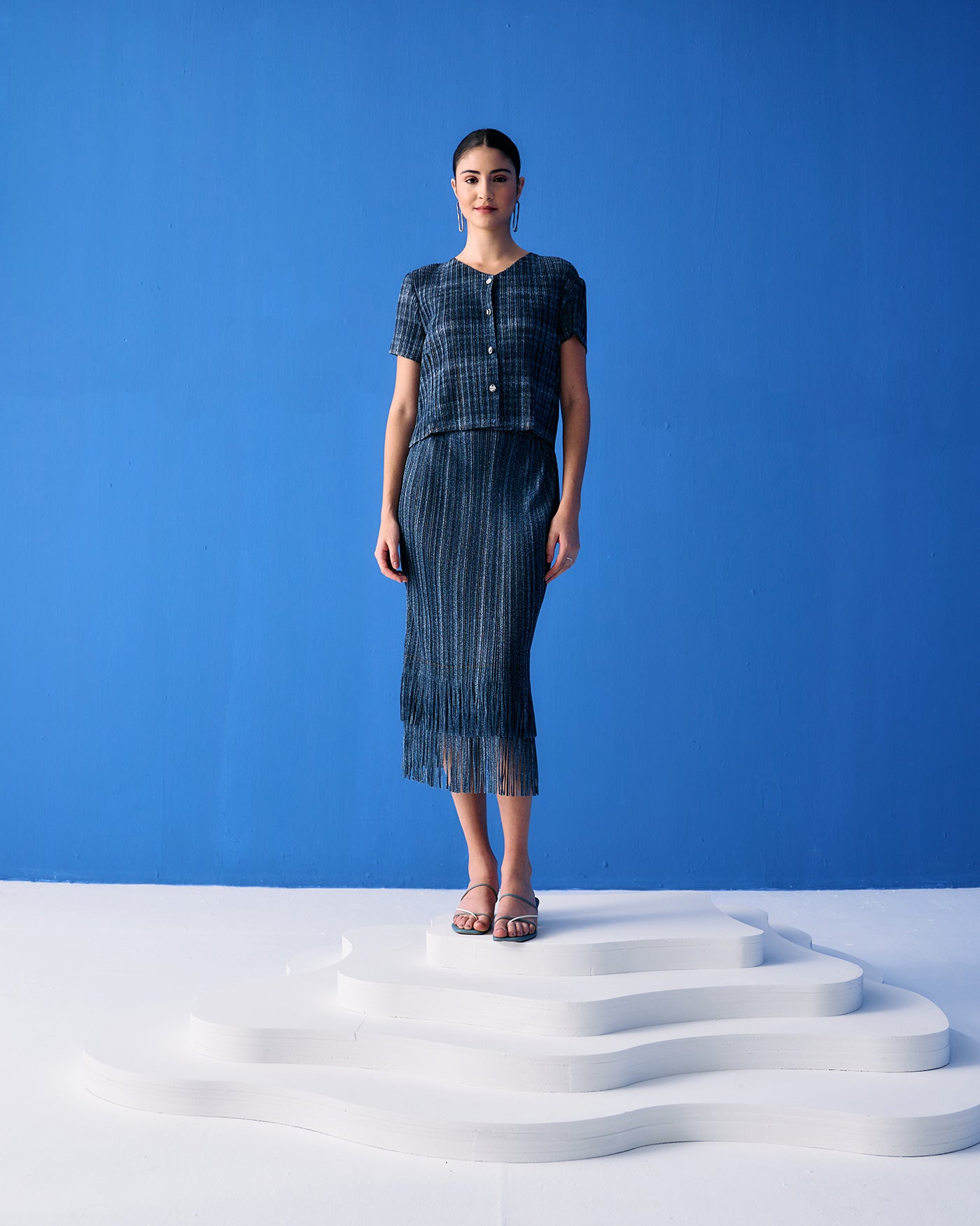 MEDIUM BLUE DENIM PRINT FRINGE SKIRT SET