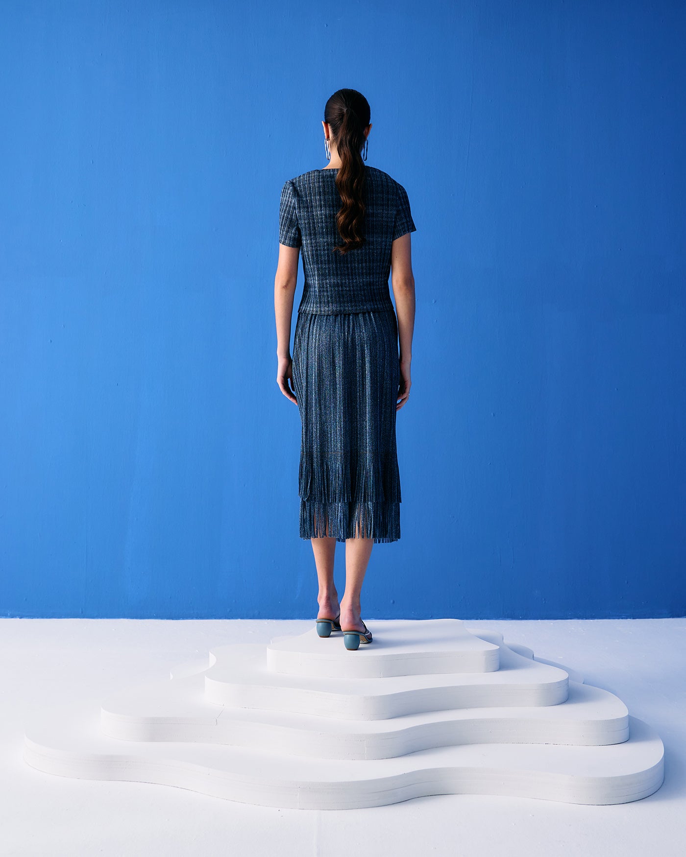 MEDIUM BLUE DENIM PRINT FRINGE SKIRT SET