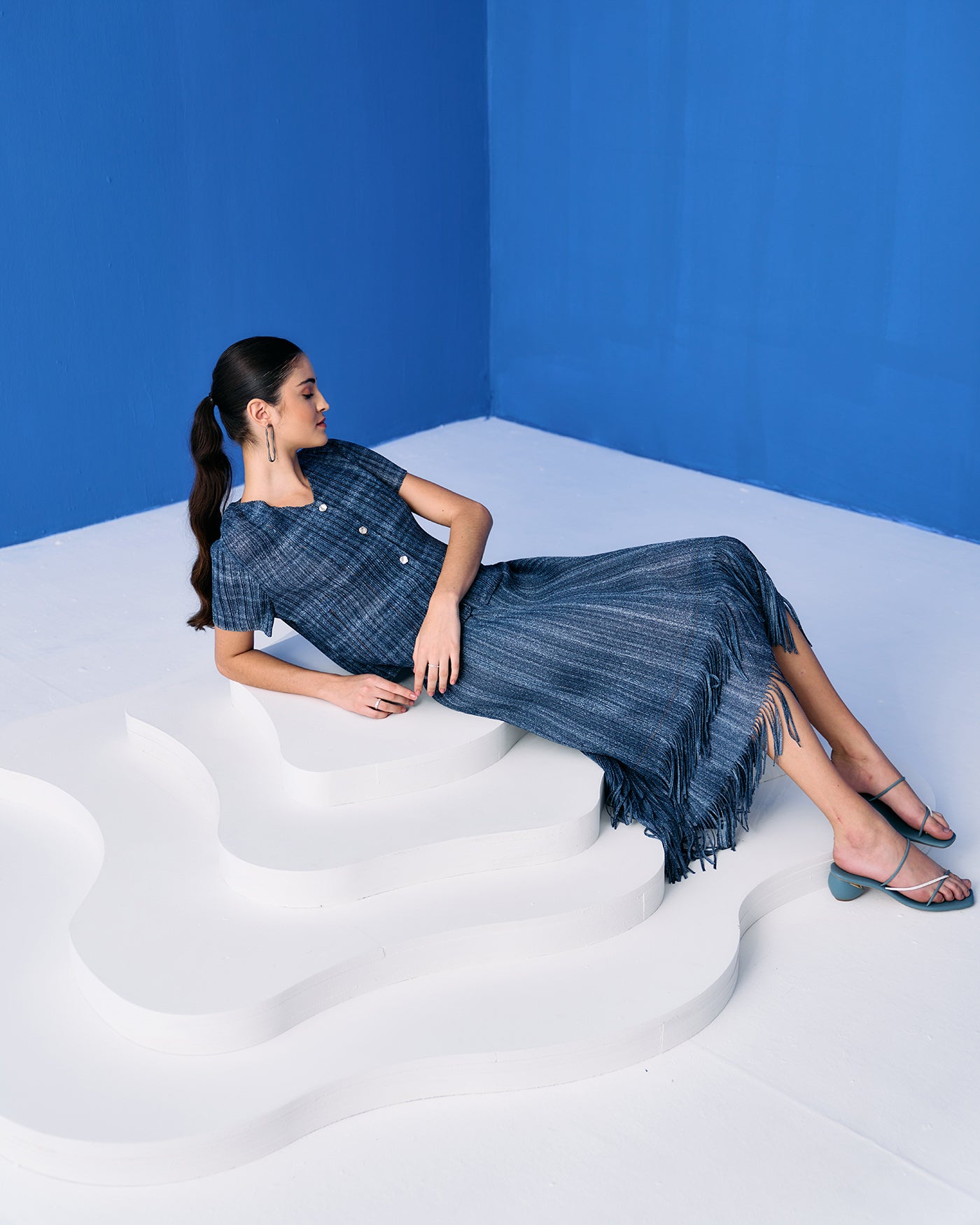 MEDIUM BLUE DENIM PRINT FRINGE SKIRT SET