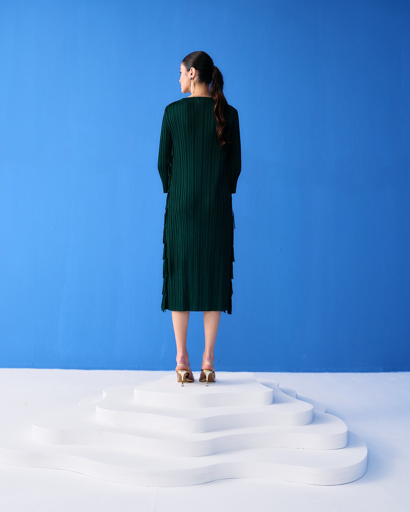 GREEN LONG SLEEVES FRINGE DRESS