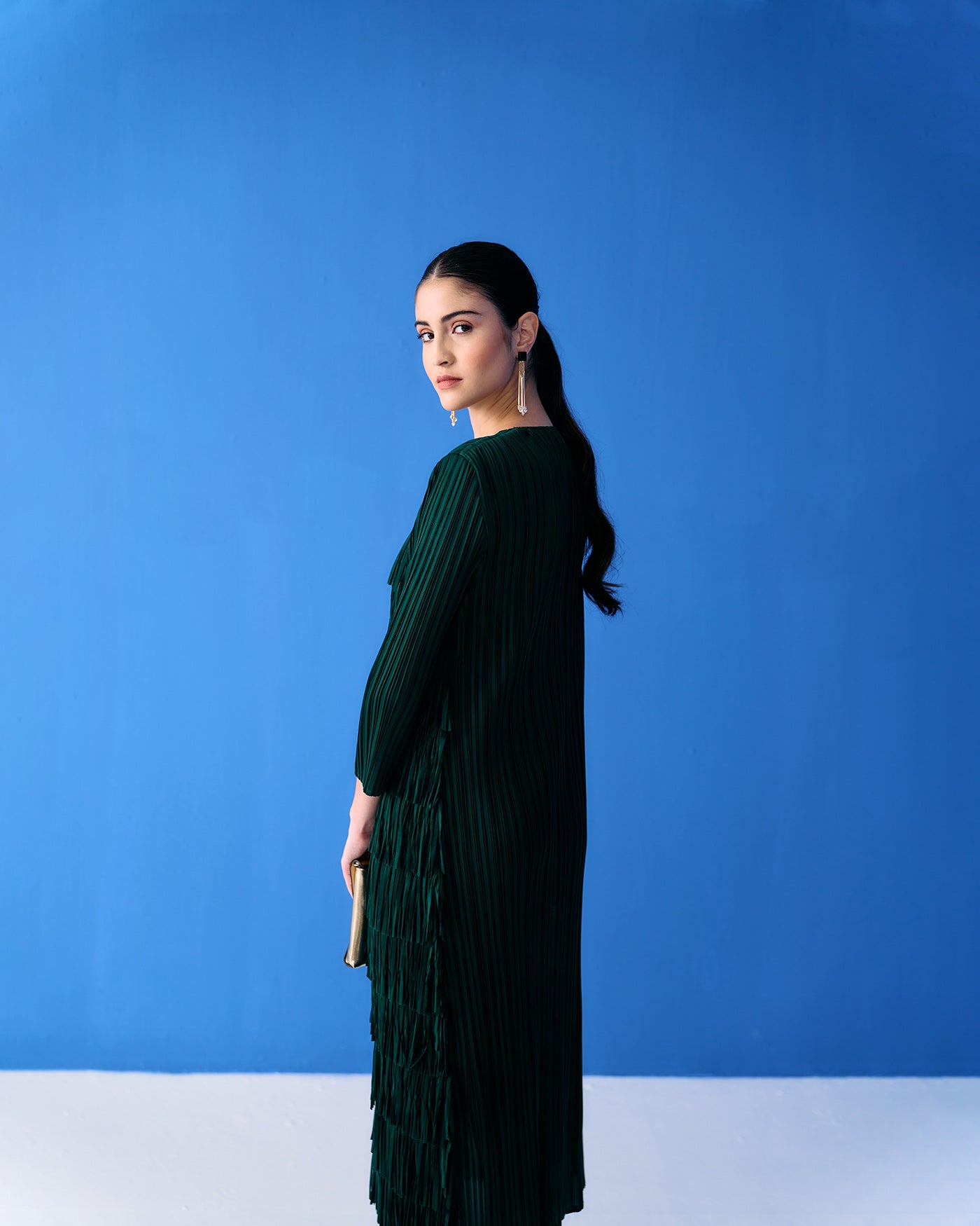 GREEN LONG SLEEVES FRINGE DRESS