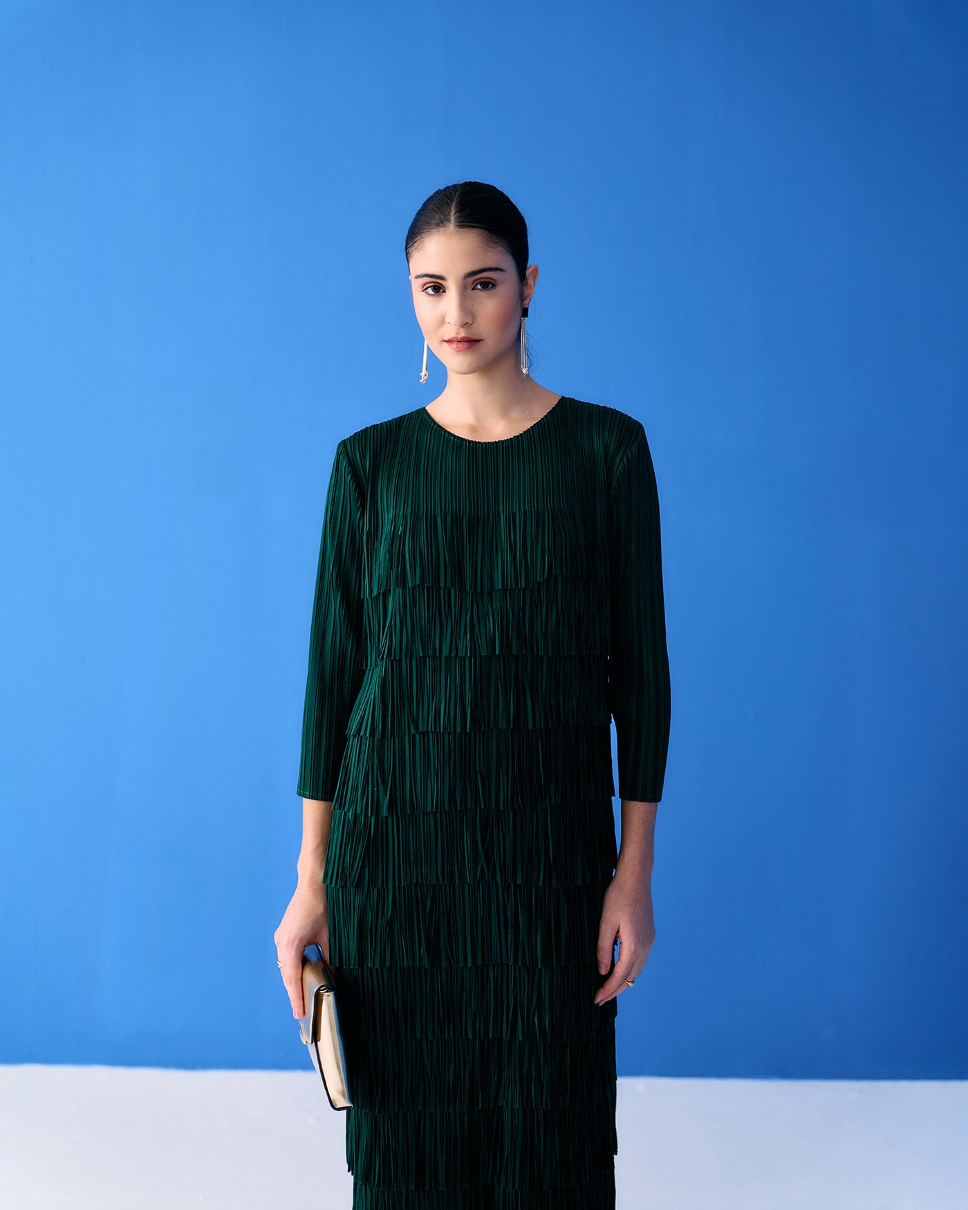 GREEN LONG SLEEVES FRINGE DRESS