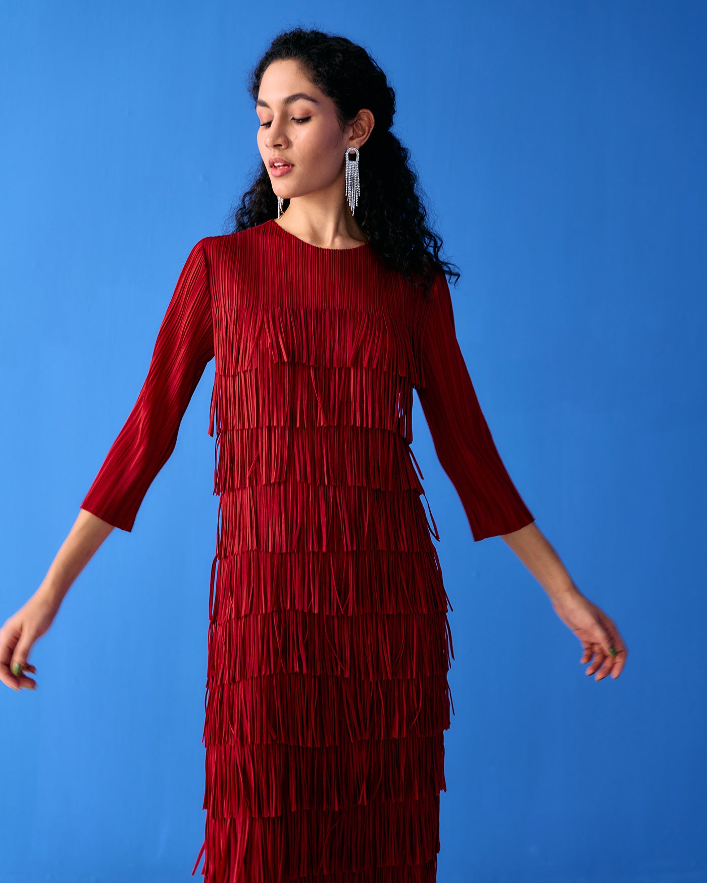 MAROON LONG SLEEVES FRINGE DRESS
