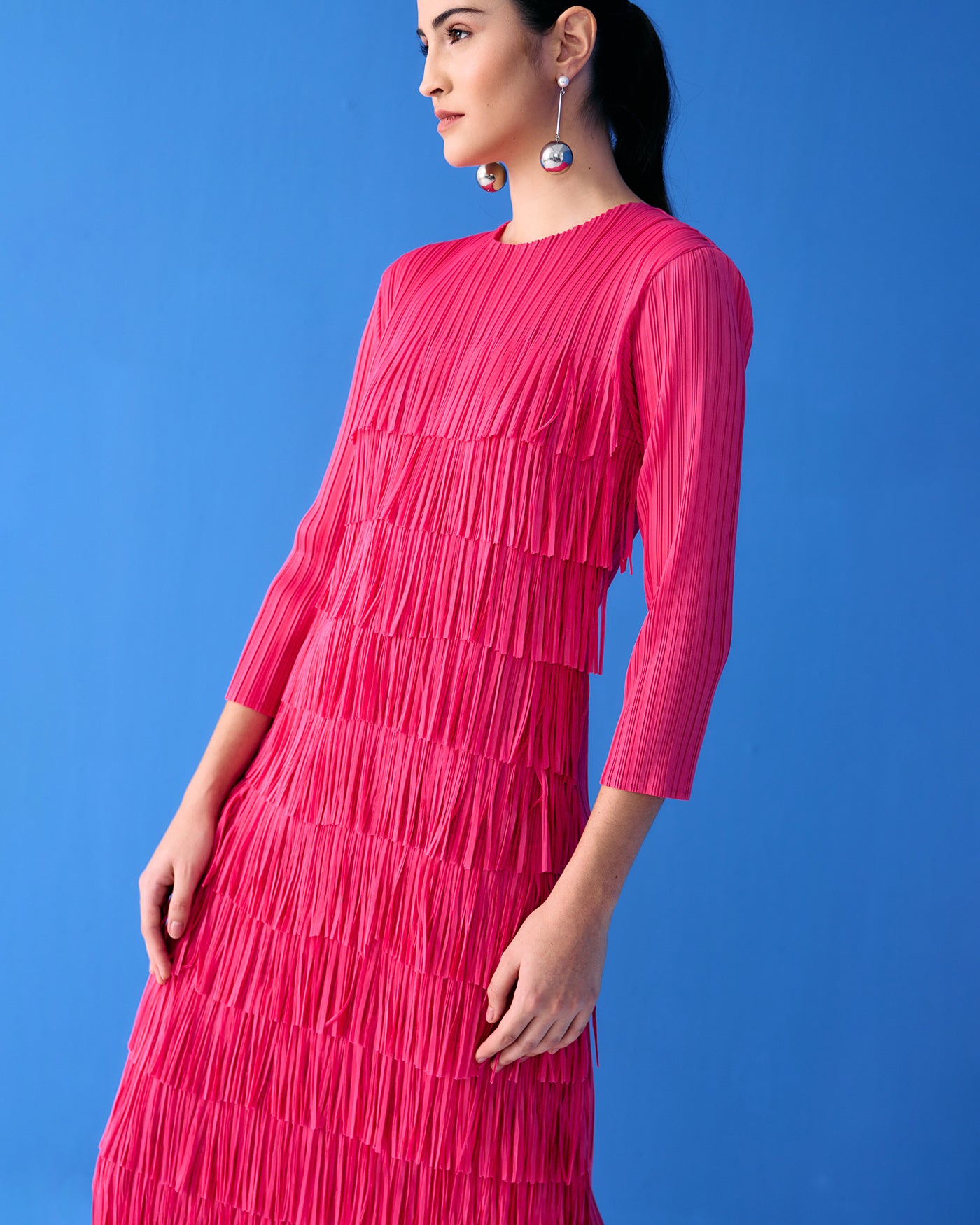 FUSCIA LONG SLEEVES FRINGE DRESS