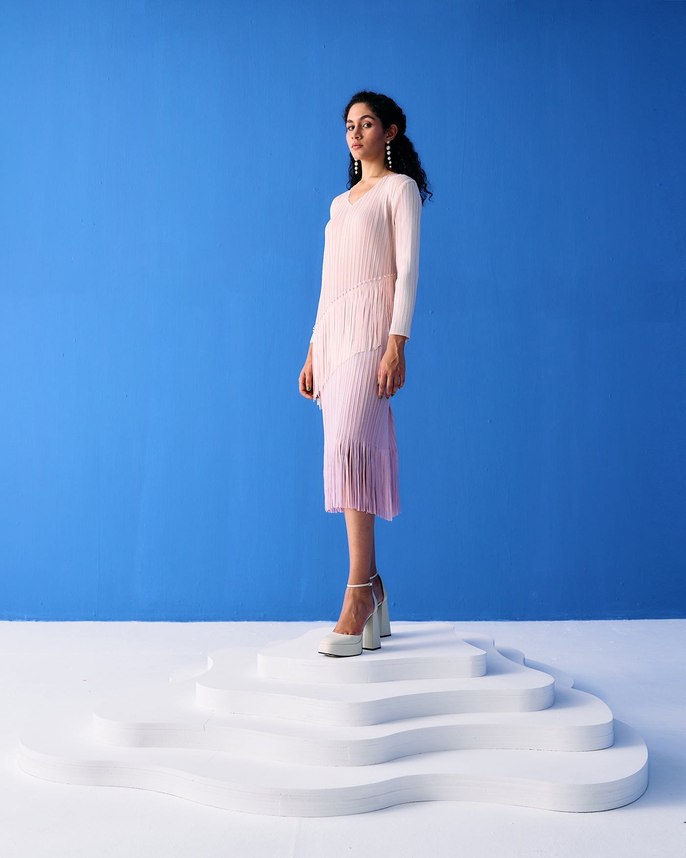 PEACH OMBRE FRINGE DRESS