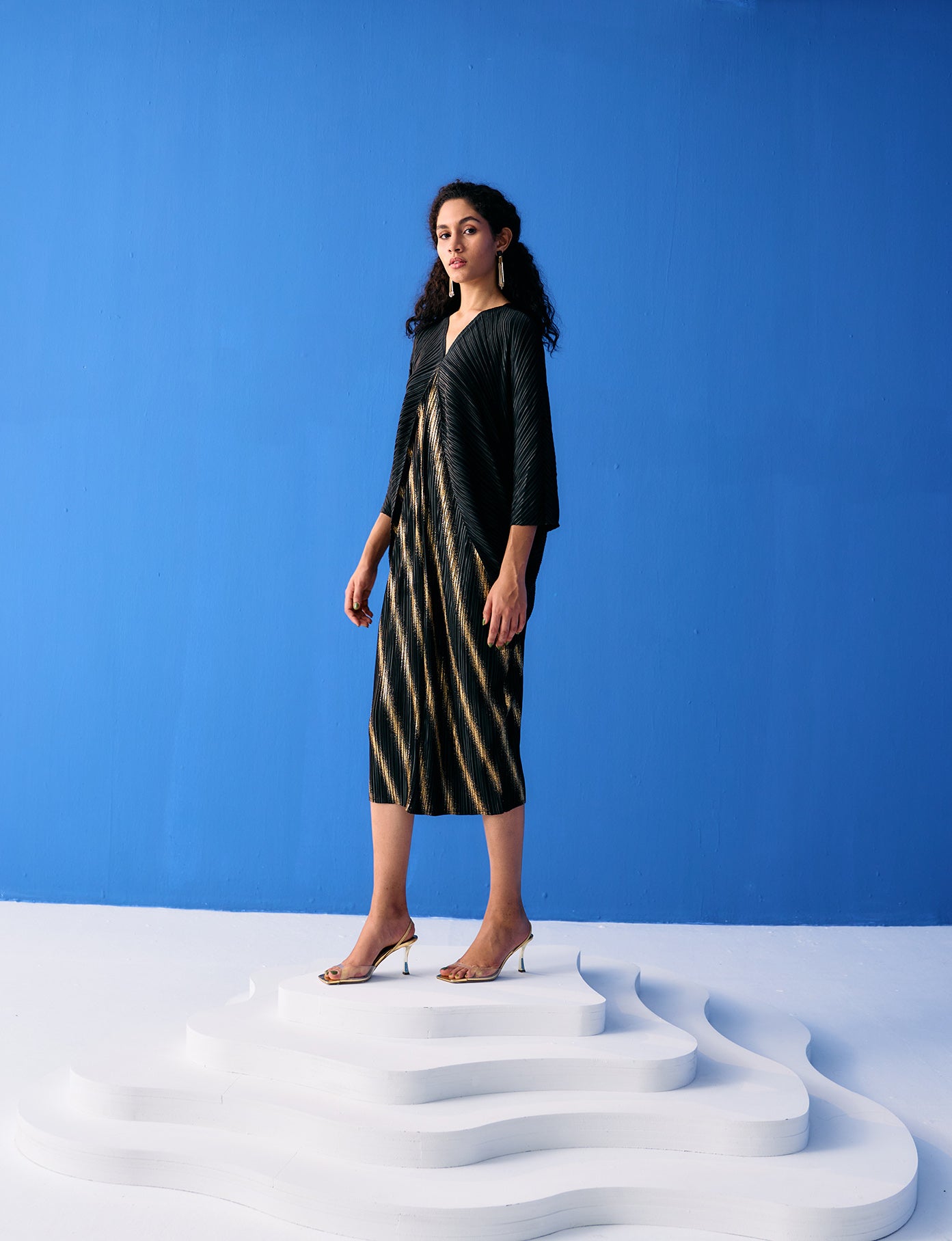 BLACK TWO TONE METALLIC DRAPE DRESS