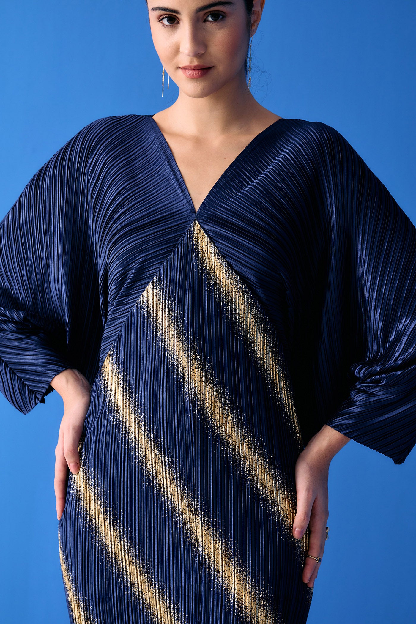 BLUE TWO TONE METALLIC DRAPE DRESS