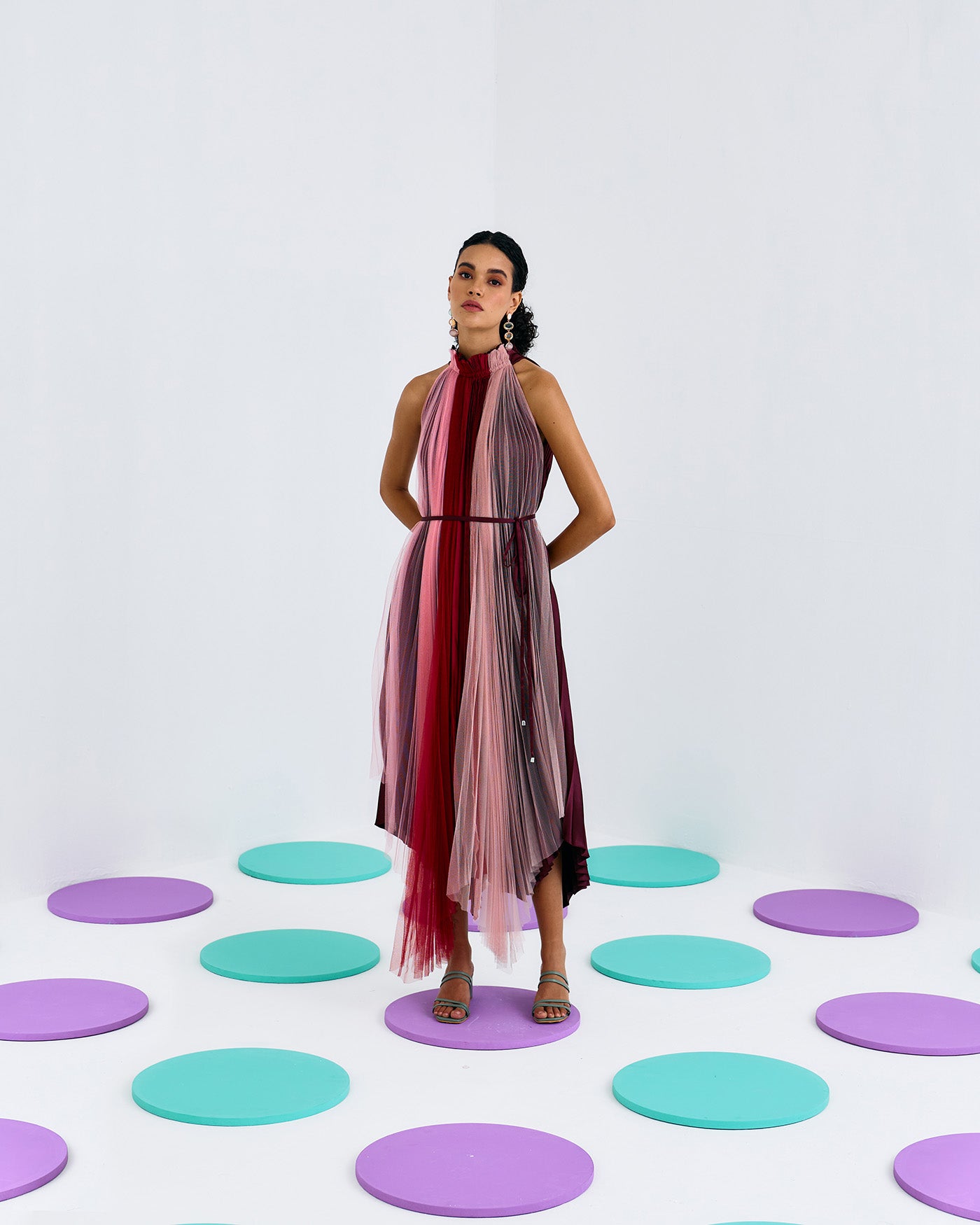 MULTICOLORED SOFTNET CREPE PLEATED DRESS