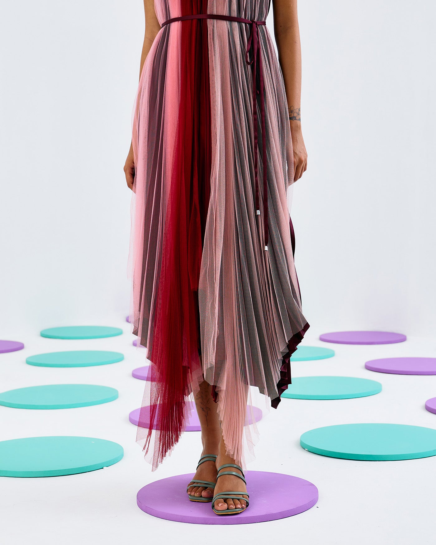 MULTICOLORED SOFTNET CREPE PLEATED DRESS