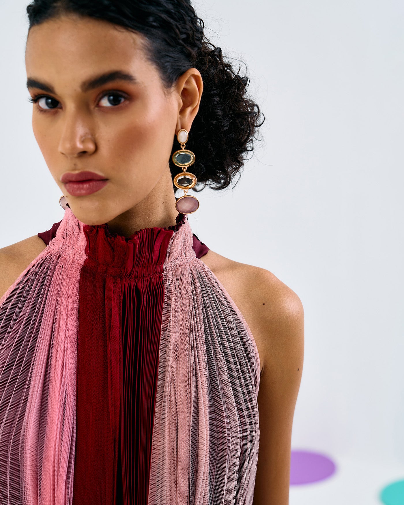 MULTICOLORED SOFTNET CREPE PLEATED DRESS