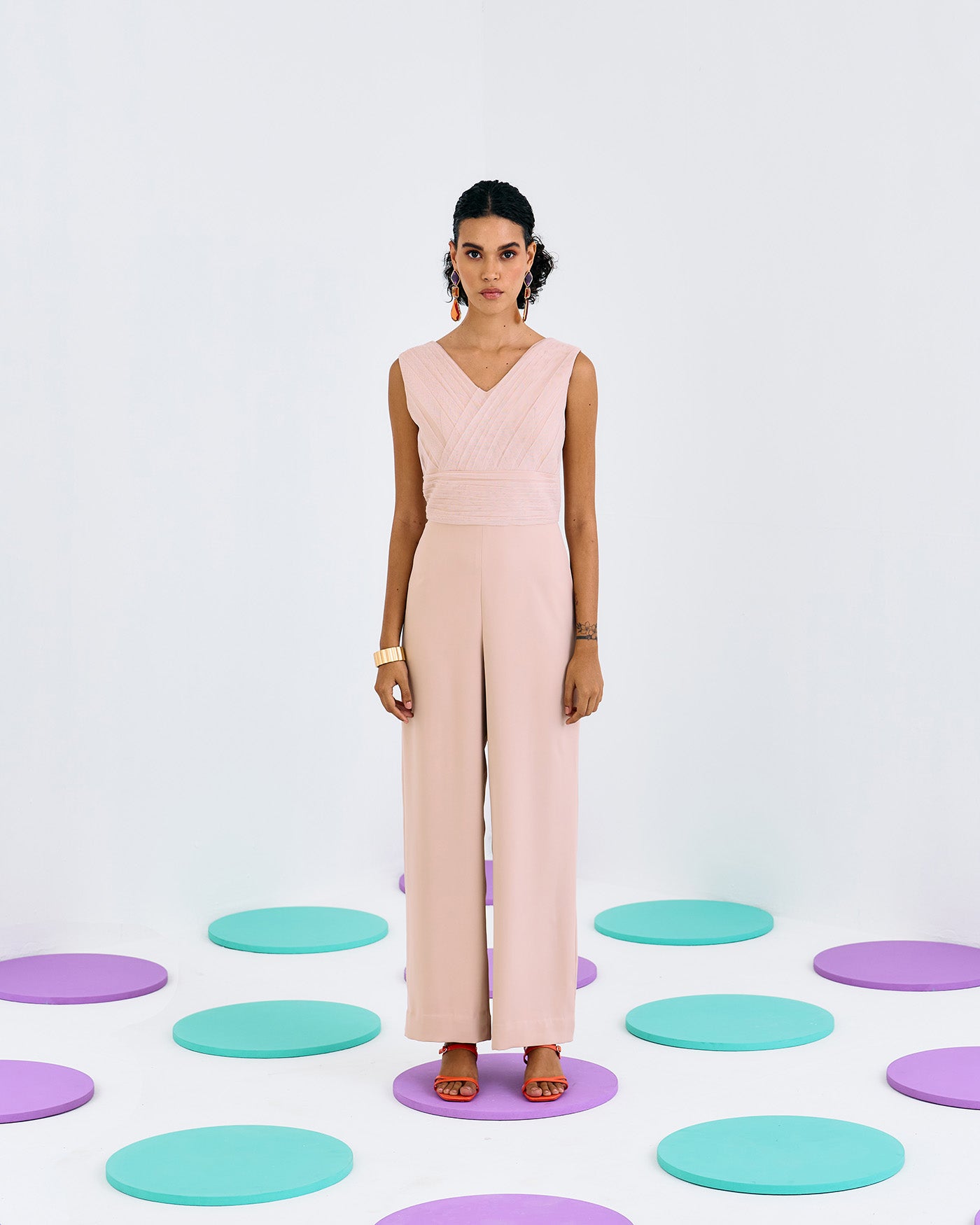 BEIGE PLEATED SOFTNET & CREPE JUMPSUIT