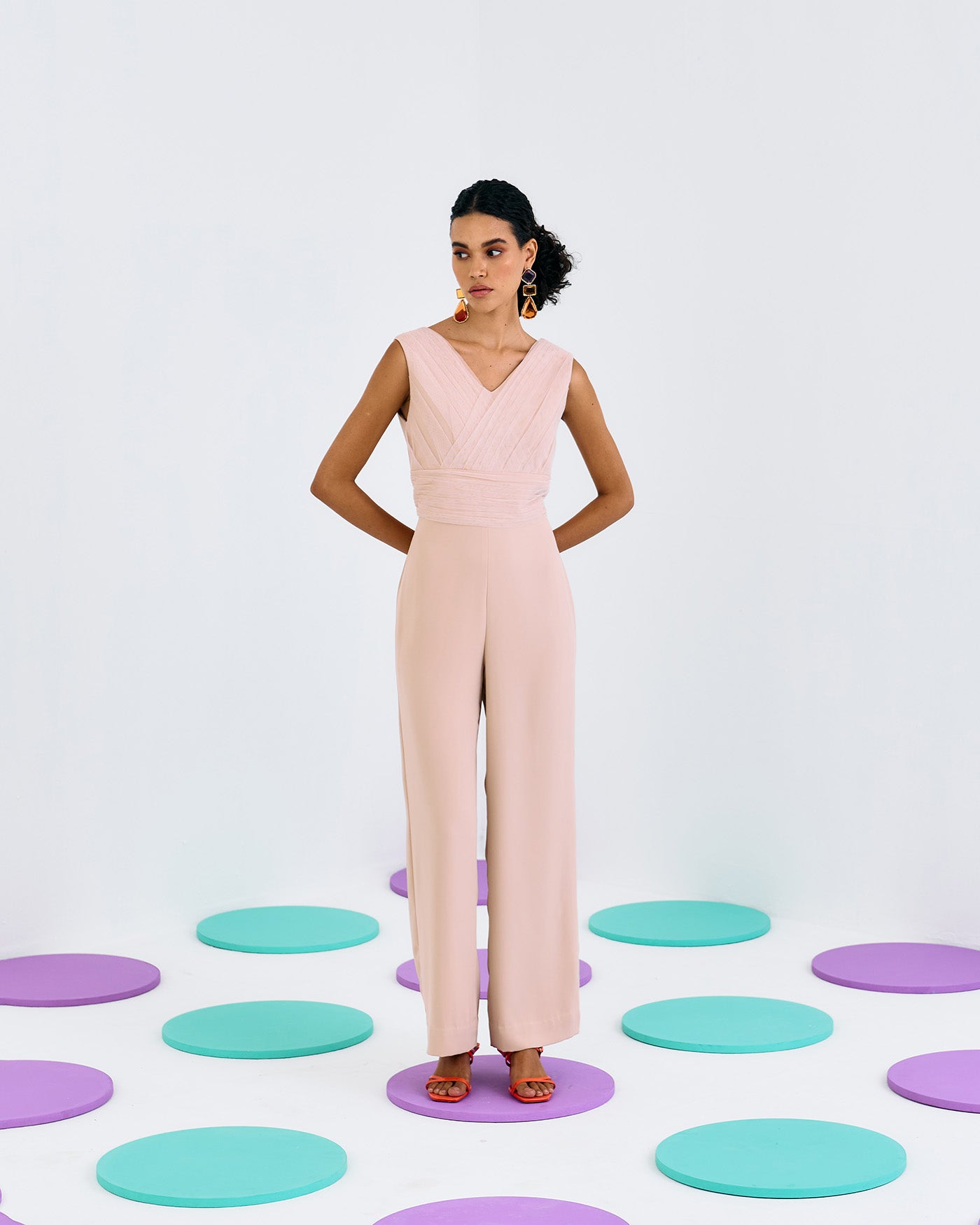 BEIGE PLEATED SOFTNET & CREPE JUMPSUIT