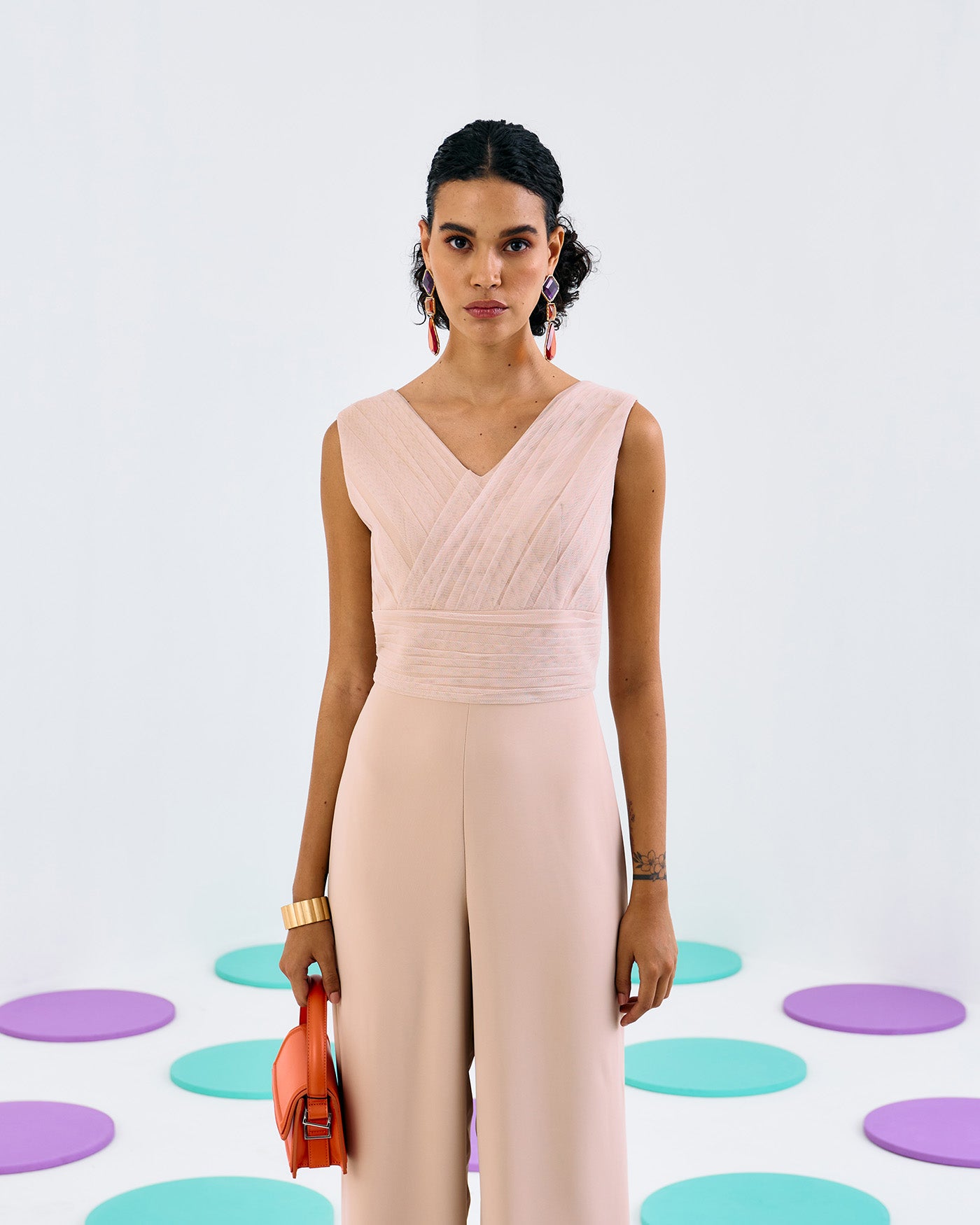 BEIGE PLEATED SOFTNET & CREPE JUMPSUIT