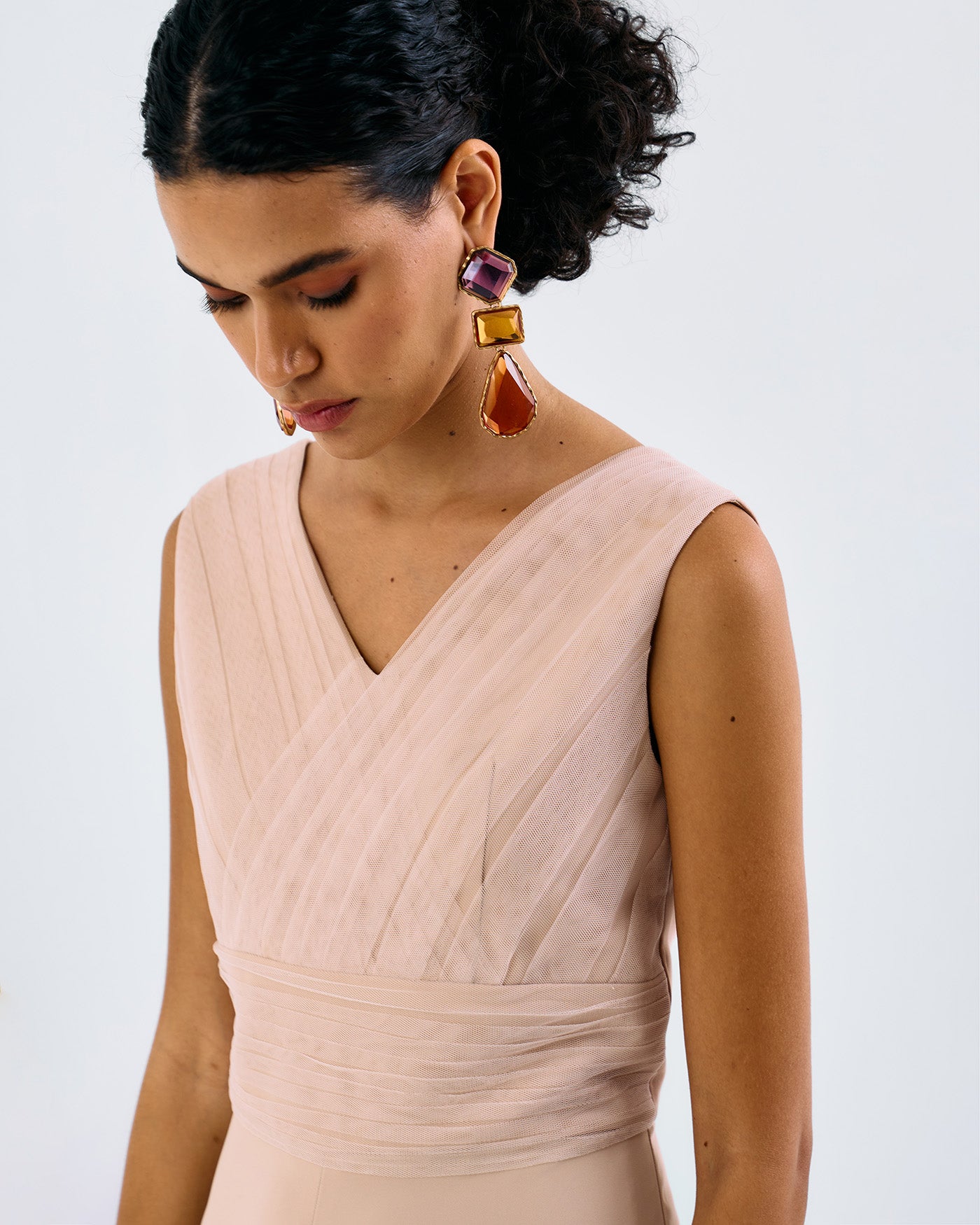 BEIGE PLEATED SOFTNET & CREPE JUMPSUIT