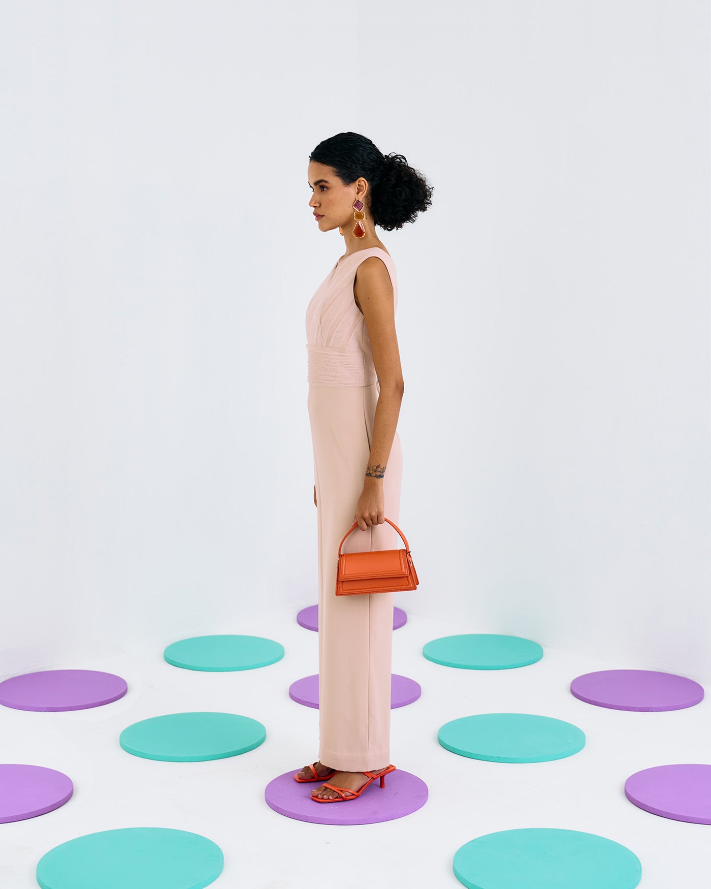 BEIGE PLEATED SOFTNET & CREPE JUMPSUIT