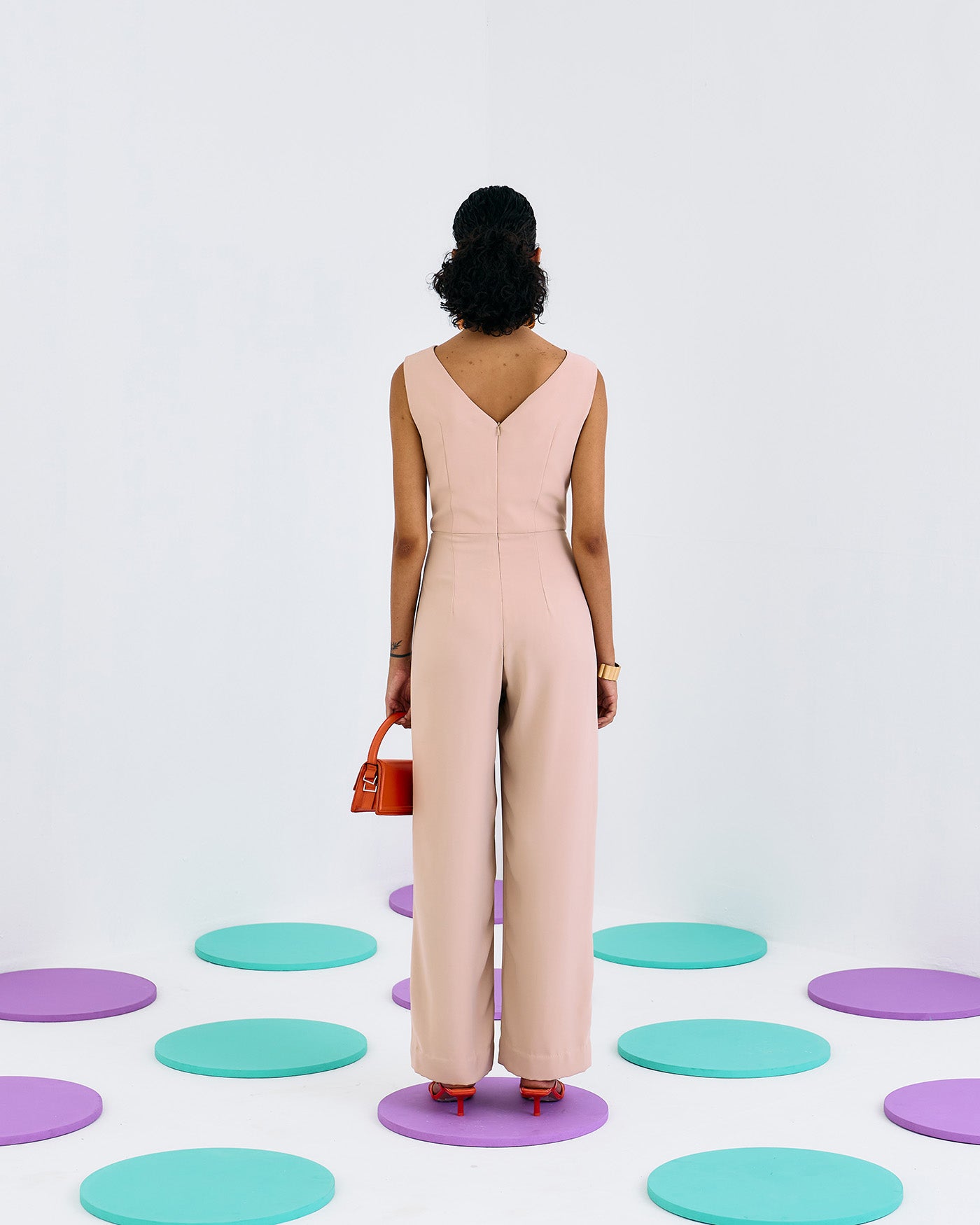 BEIGE PLEATED SOFTNET & CREPE JUMPSUIT