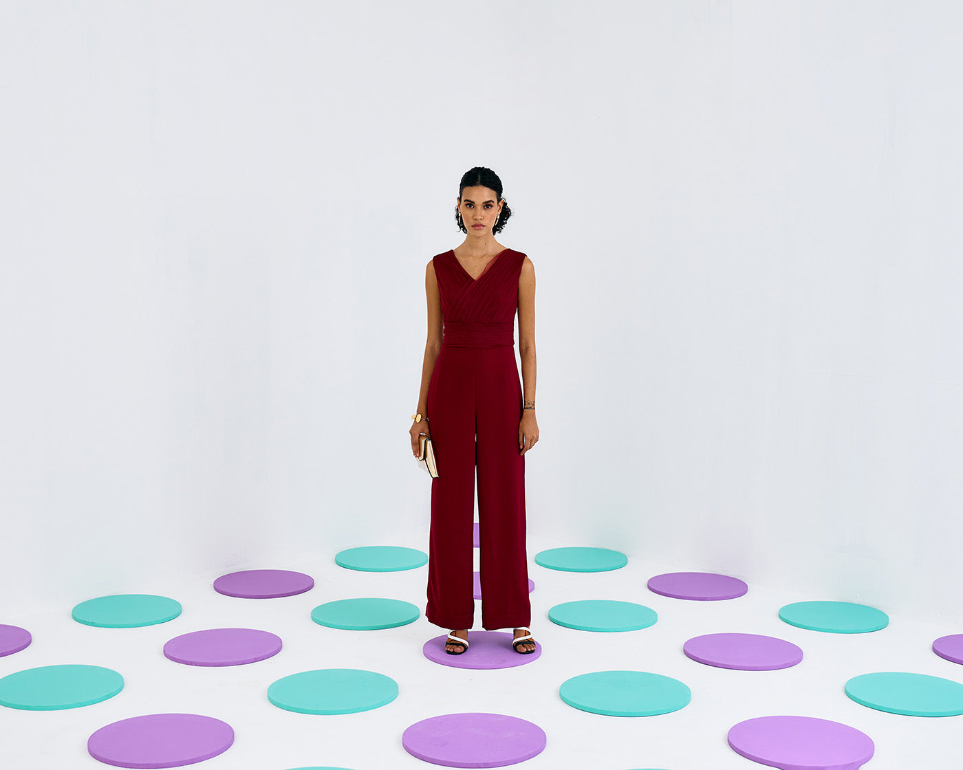 MAROON PLEATED SOFTNET & CREPE JUMPSUIT