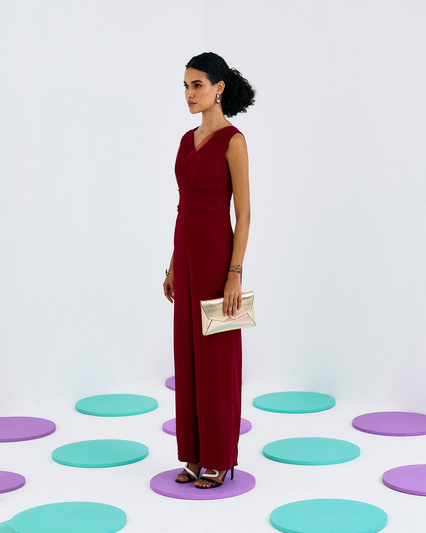 MAROON PLEATED SOFTNET & CREPE JUMPSUIT