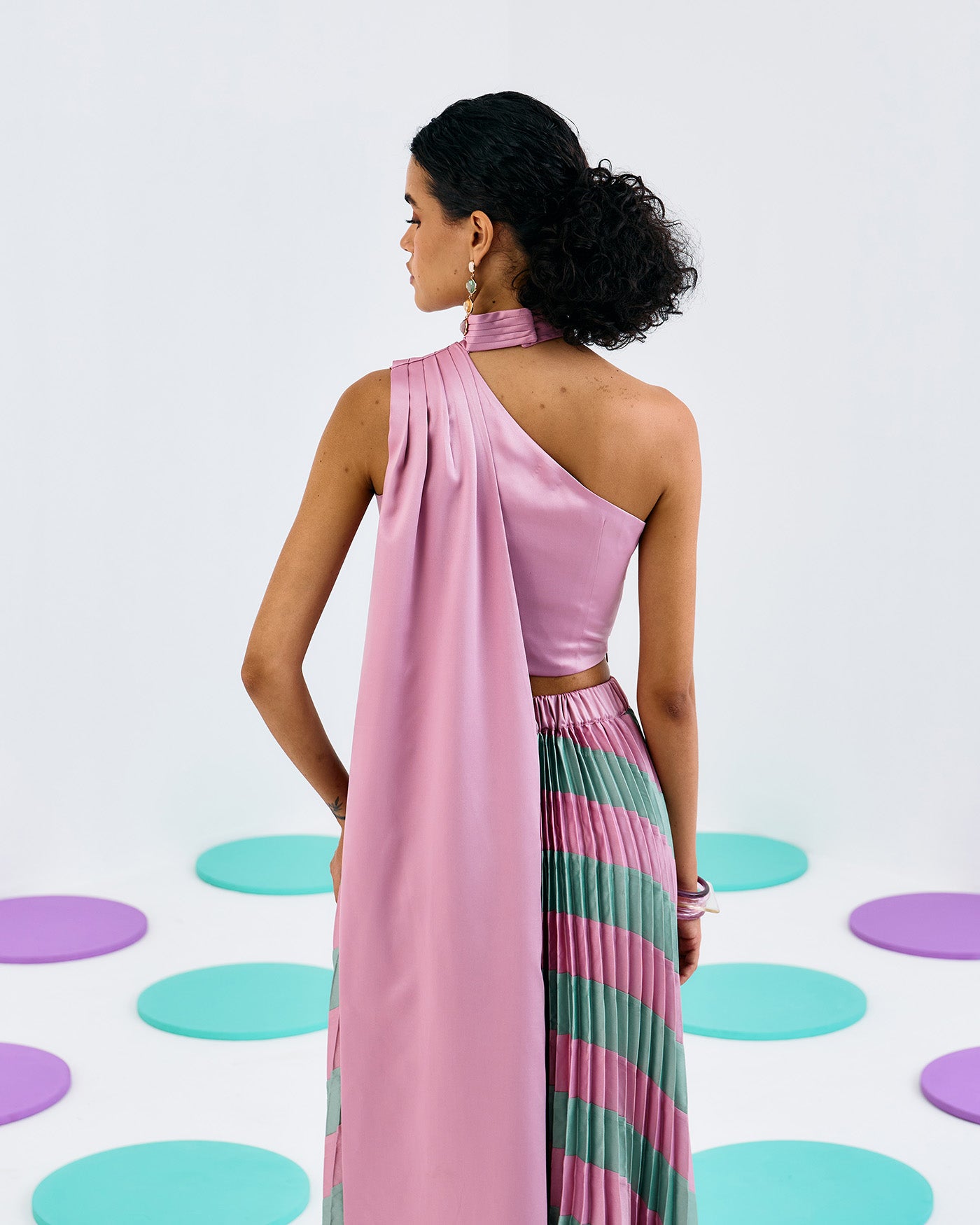 PINK GREEN COLORBLOCK PLEATED SKIRT