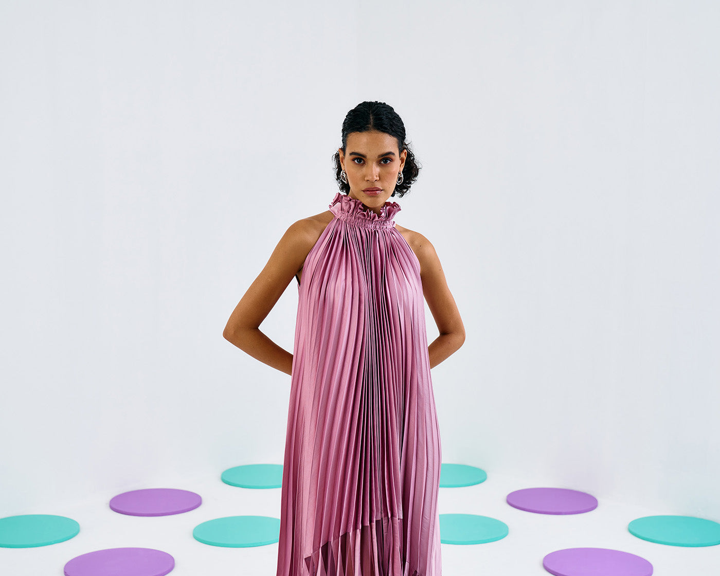 PINK PLEAT SOFT NET HALTER DRESS