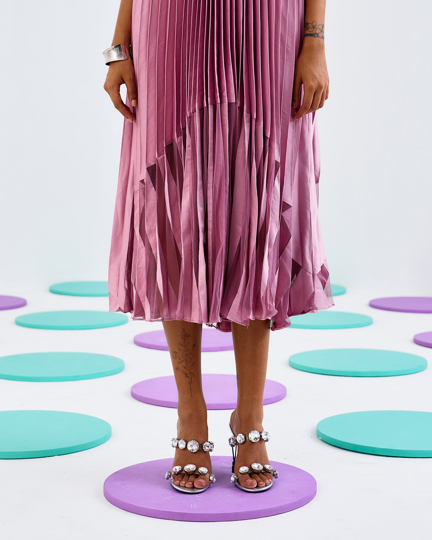 PINK PLEAT SOFT NET HALTER DRESS