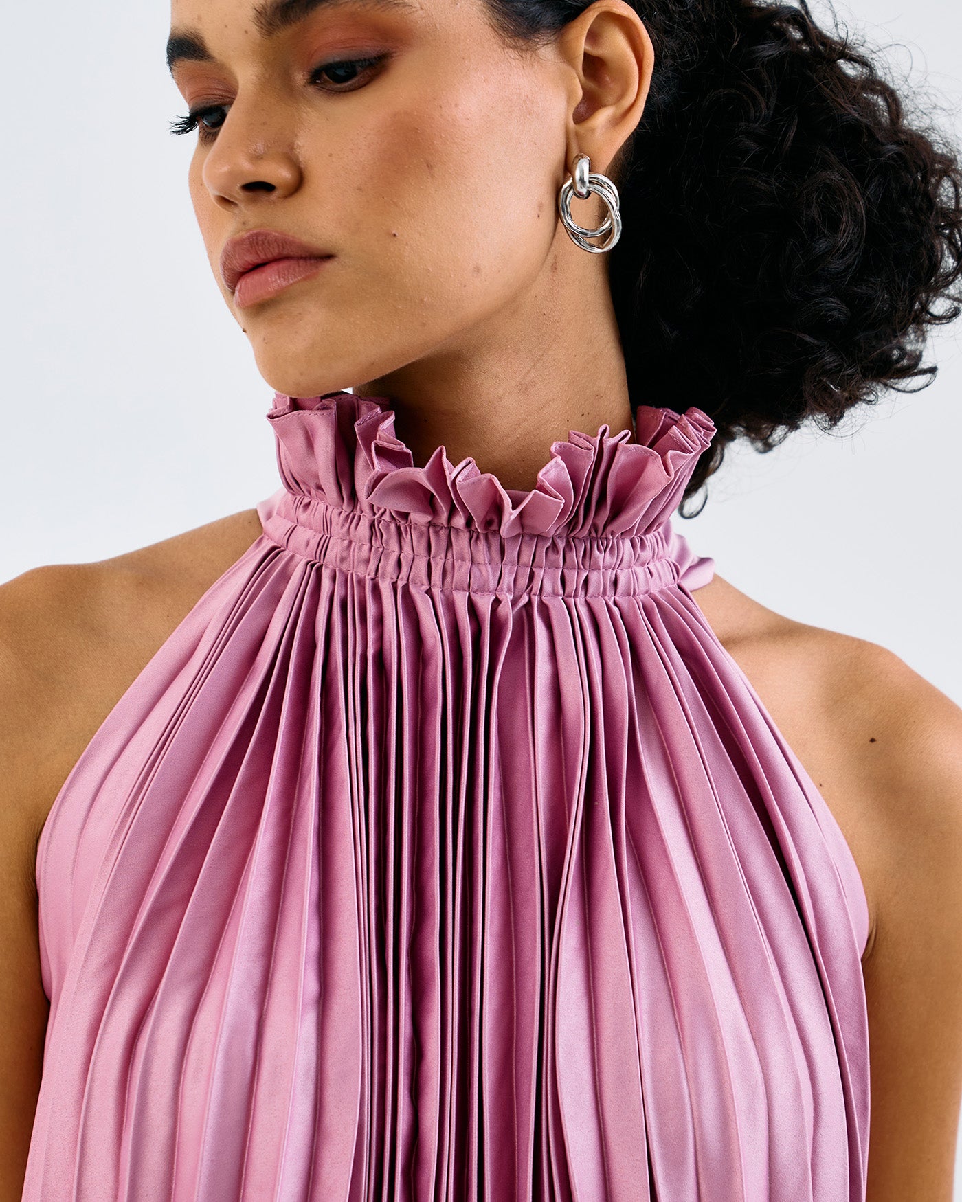 PINK PLEAT SOFT NET HALTER DRESS
