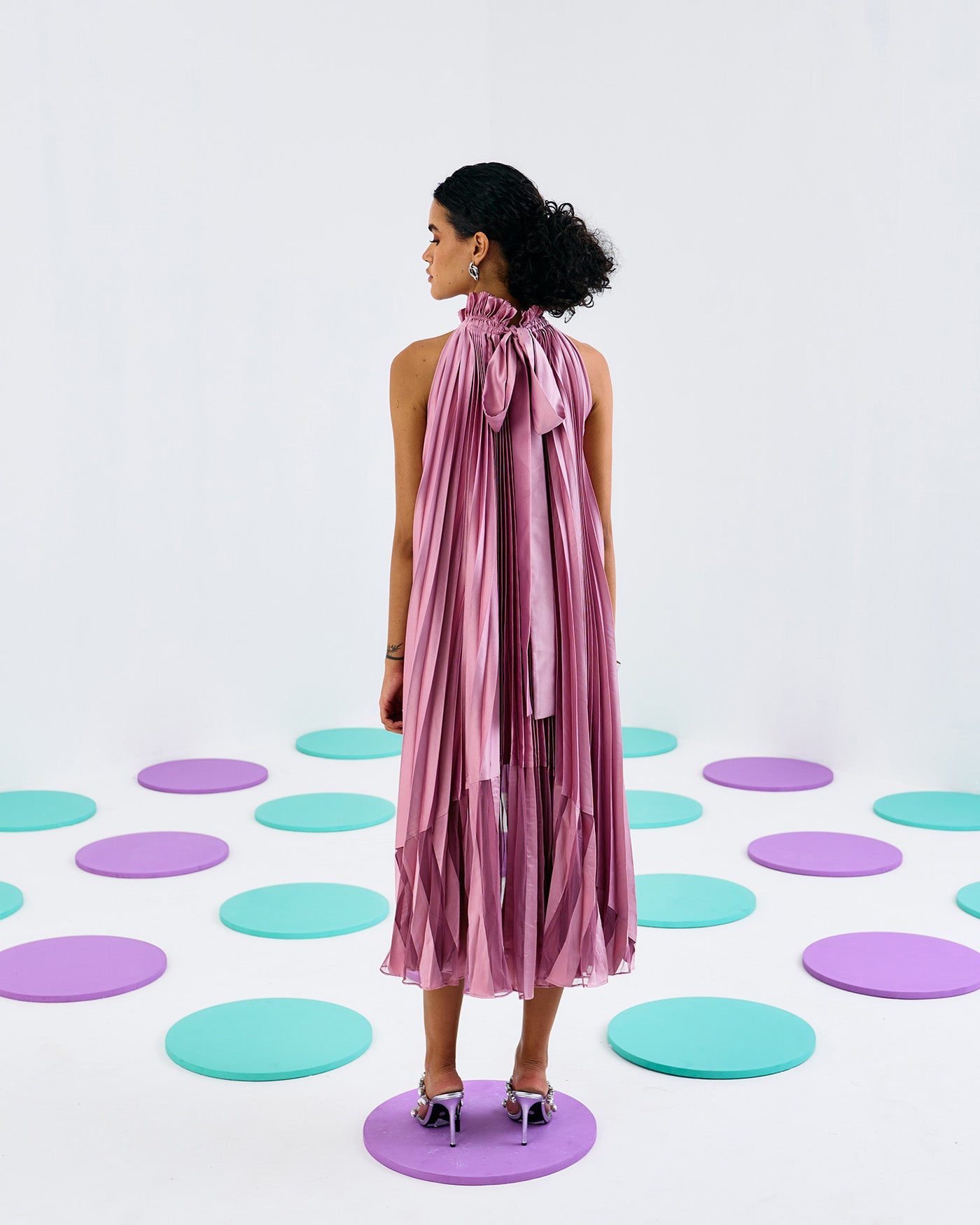 PINK PLEAT SOFT NET HALTER DRESS