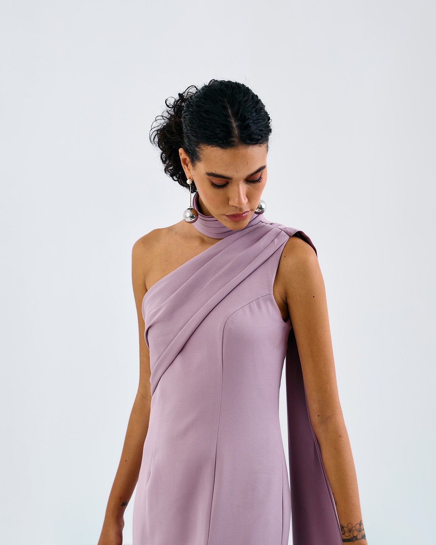LILAC ONE SHOULDER HAND PLEAT GOWN
