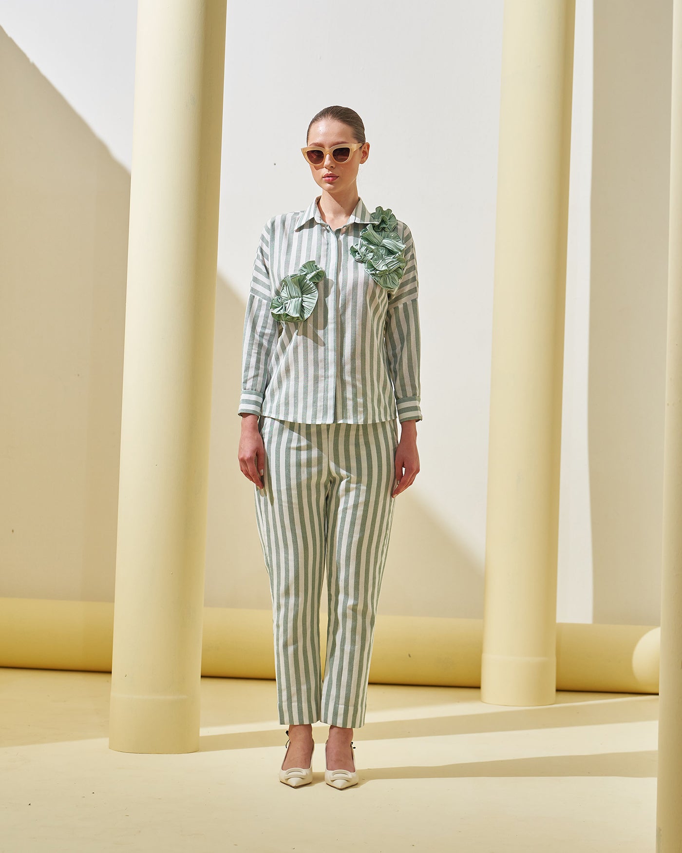 GREEN STRIPE FLOWER TOP & PANT SET