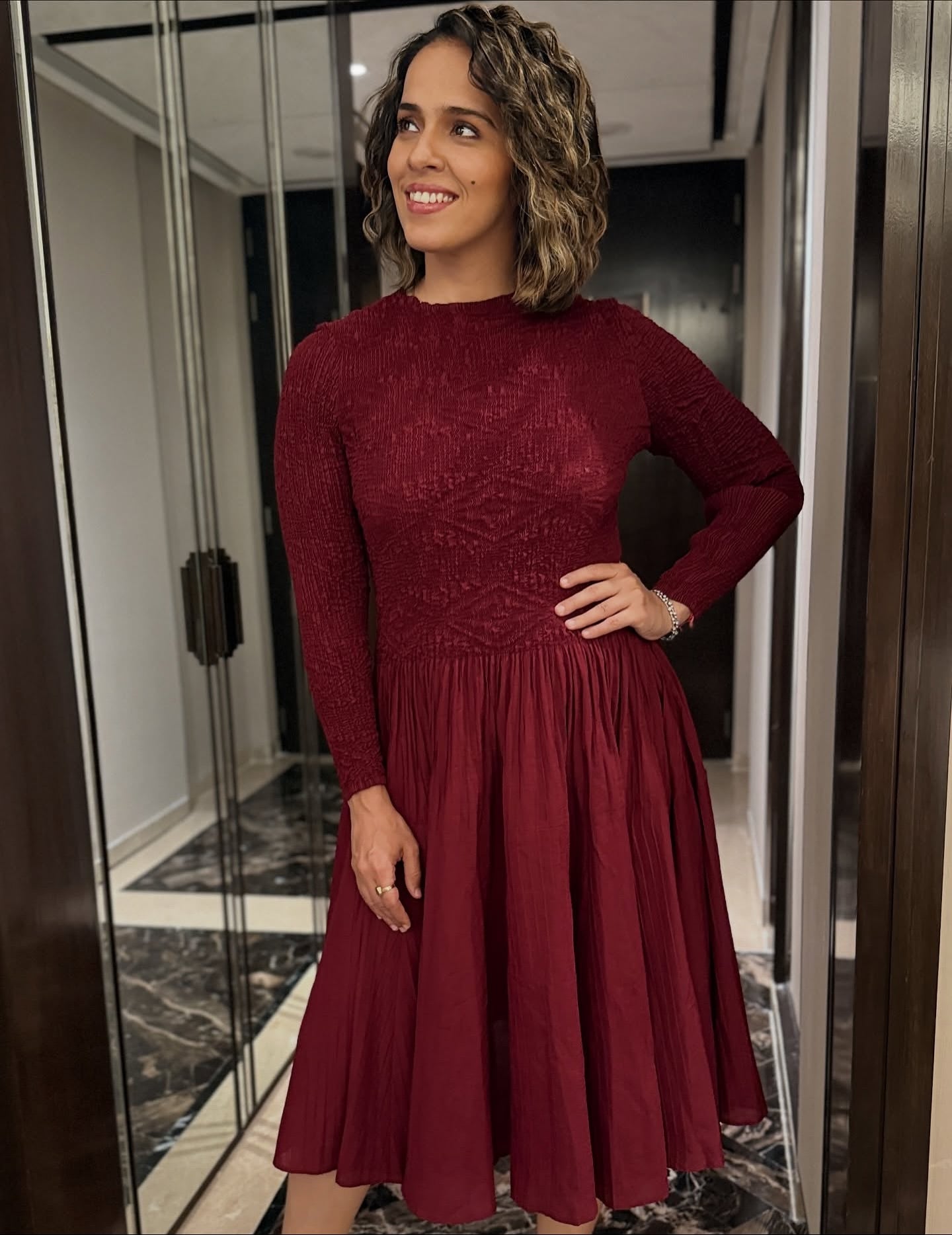 SAINA NEHWAL IN MAROON MINSK DRESS