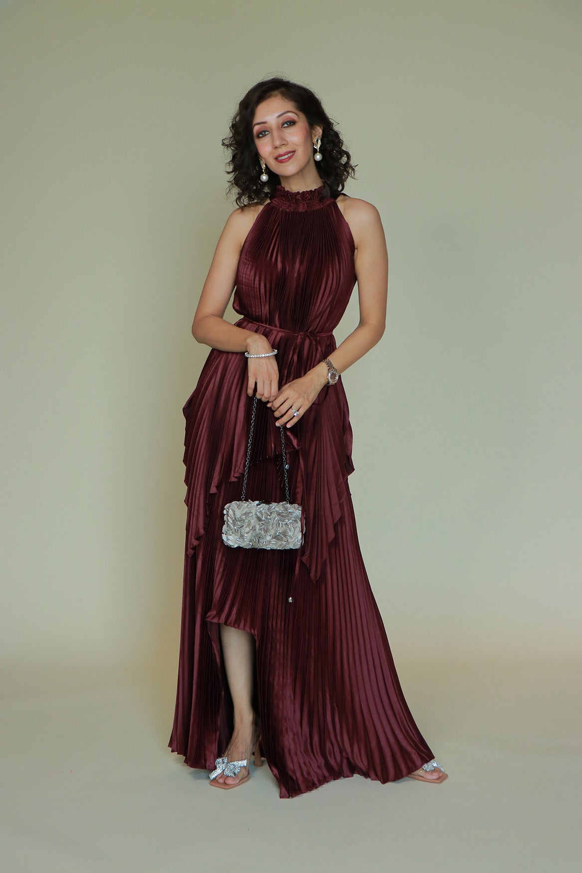 MAROON HALTER PLEATED TOP & MERMAID SKIRT
