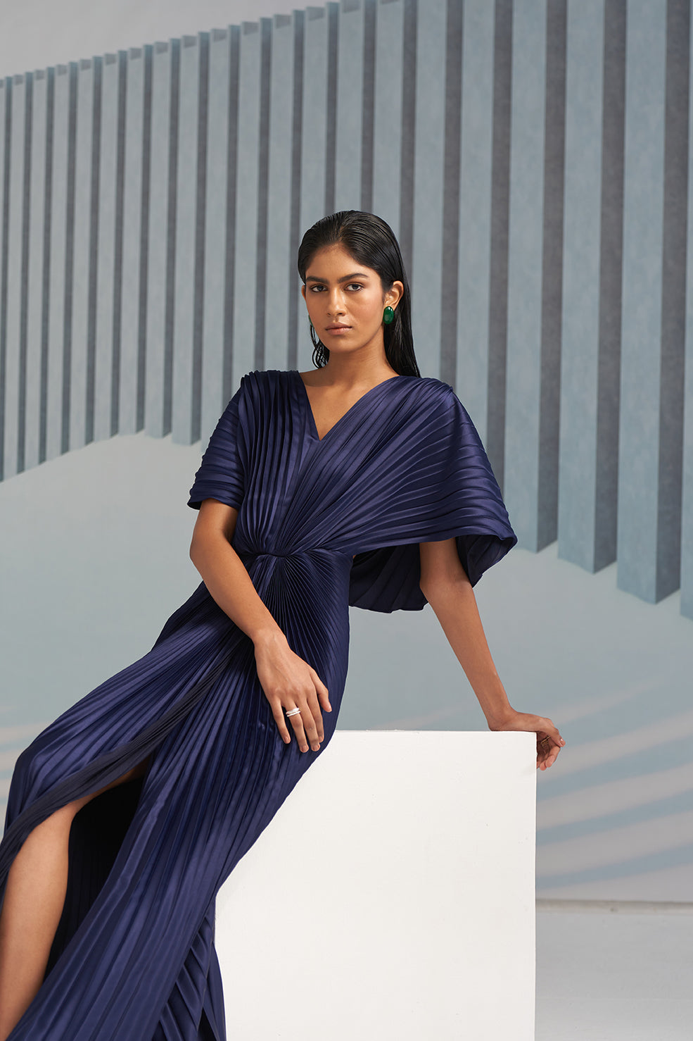 BLUE PLEATED WINGED GOWN