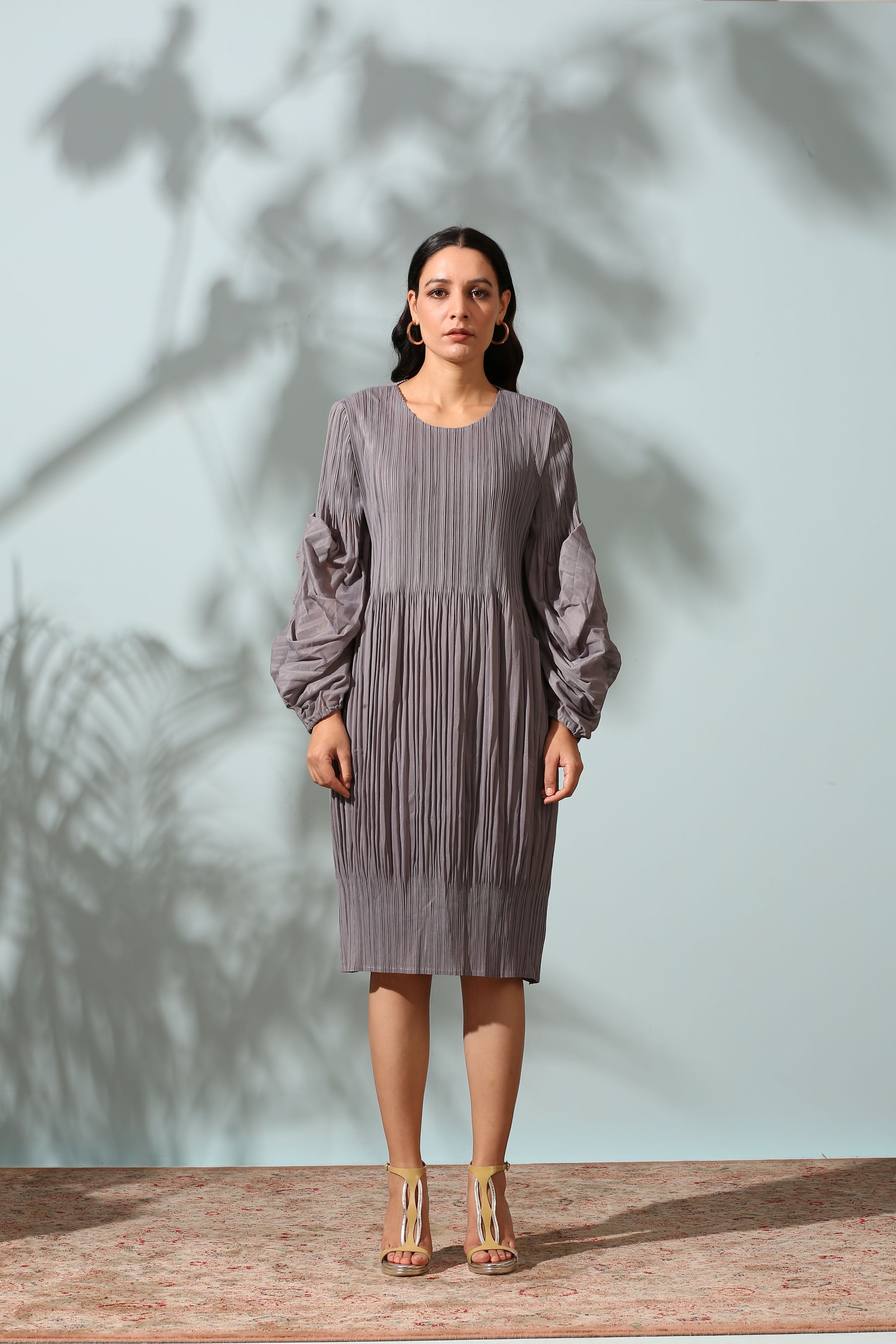 GREY PLEATED FLAIR DRESS