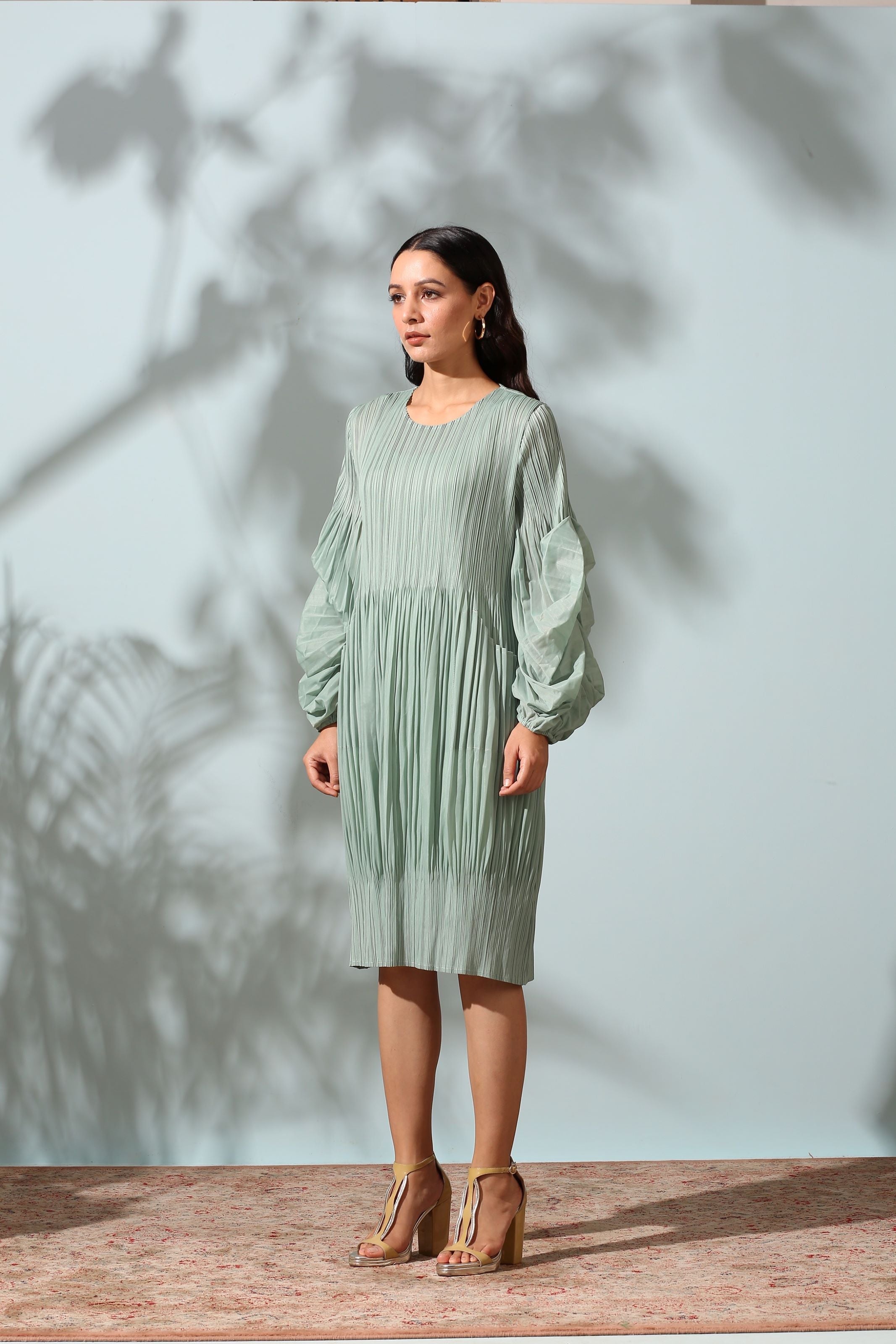 GREEN PLEATED FLAIR DRESS