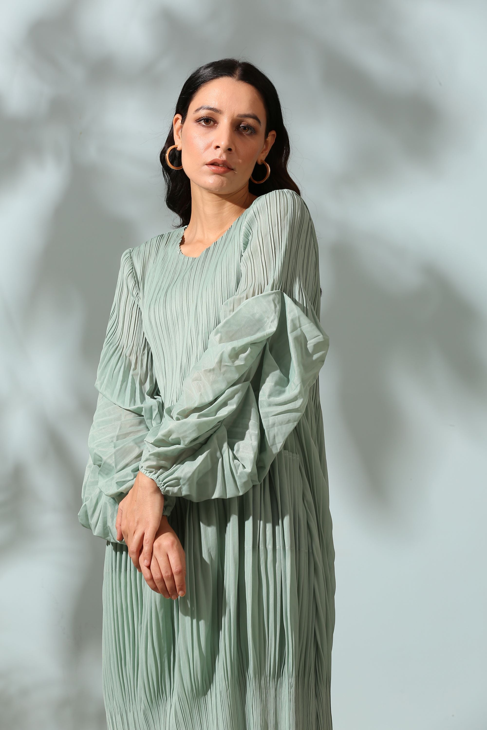 GREEN PLEATED FLAIR DRESS