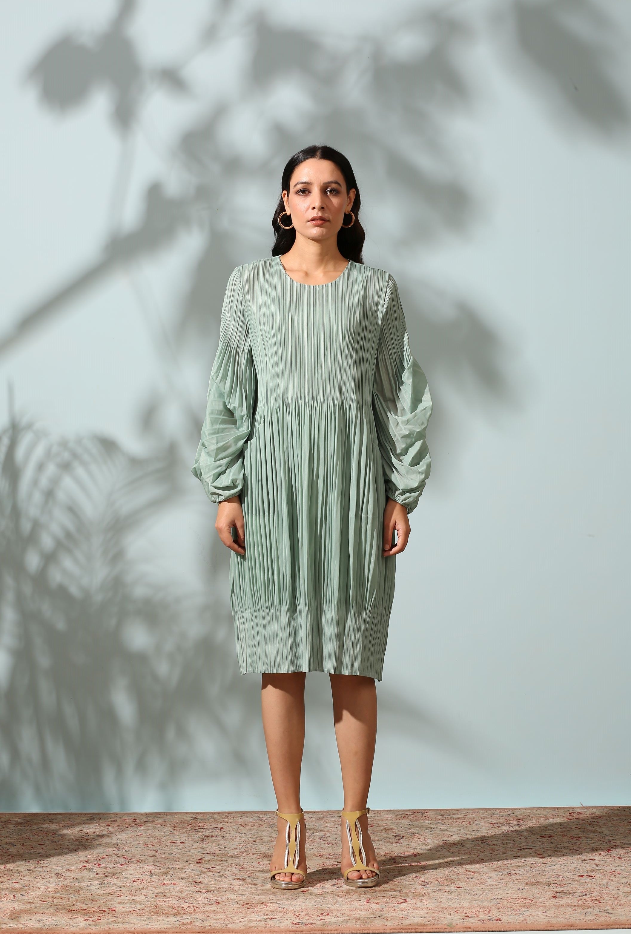 GREEN PLEATED FLAIR DRESS