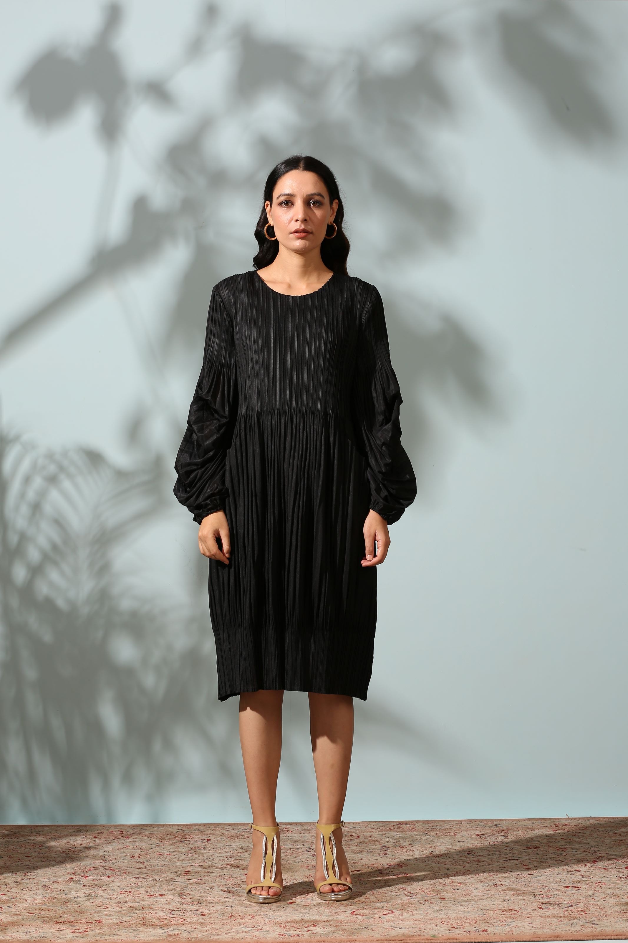 BLACK PLEATED FLAIR DRESS