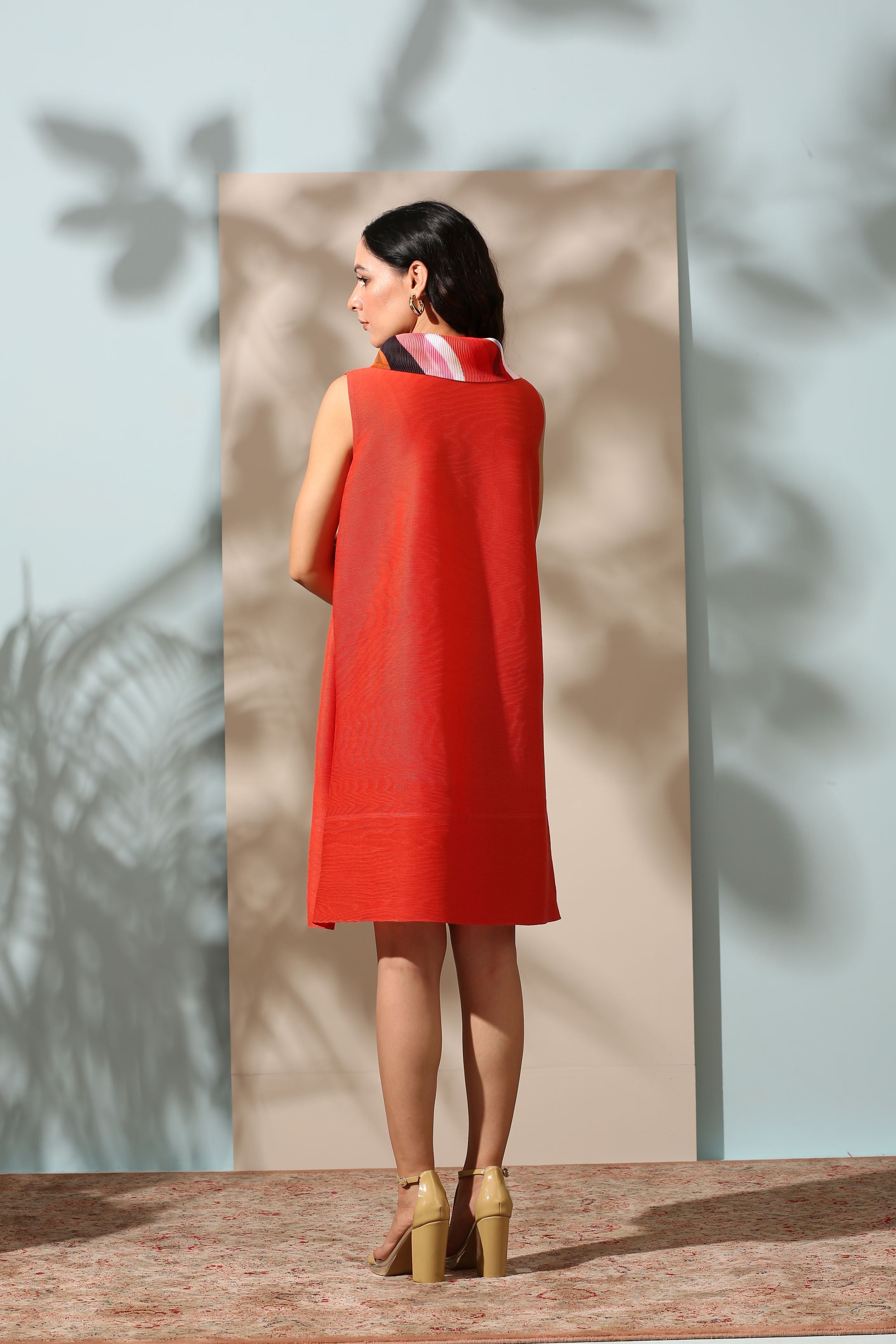 ORANGE PRINTED SCARF NECK DRESS