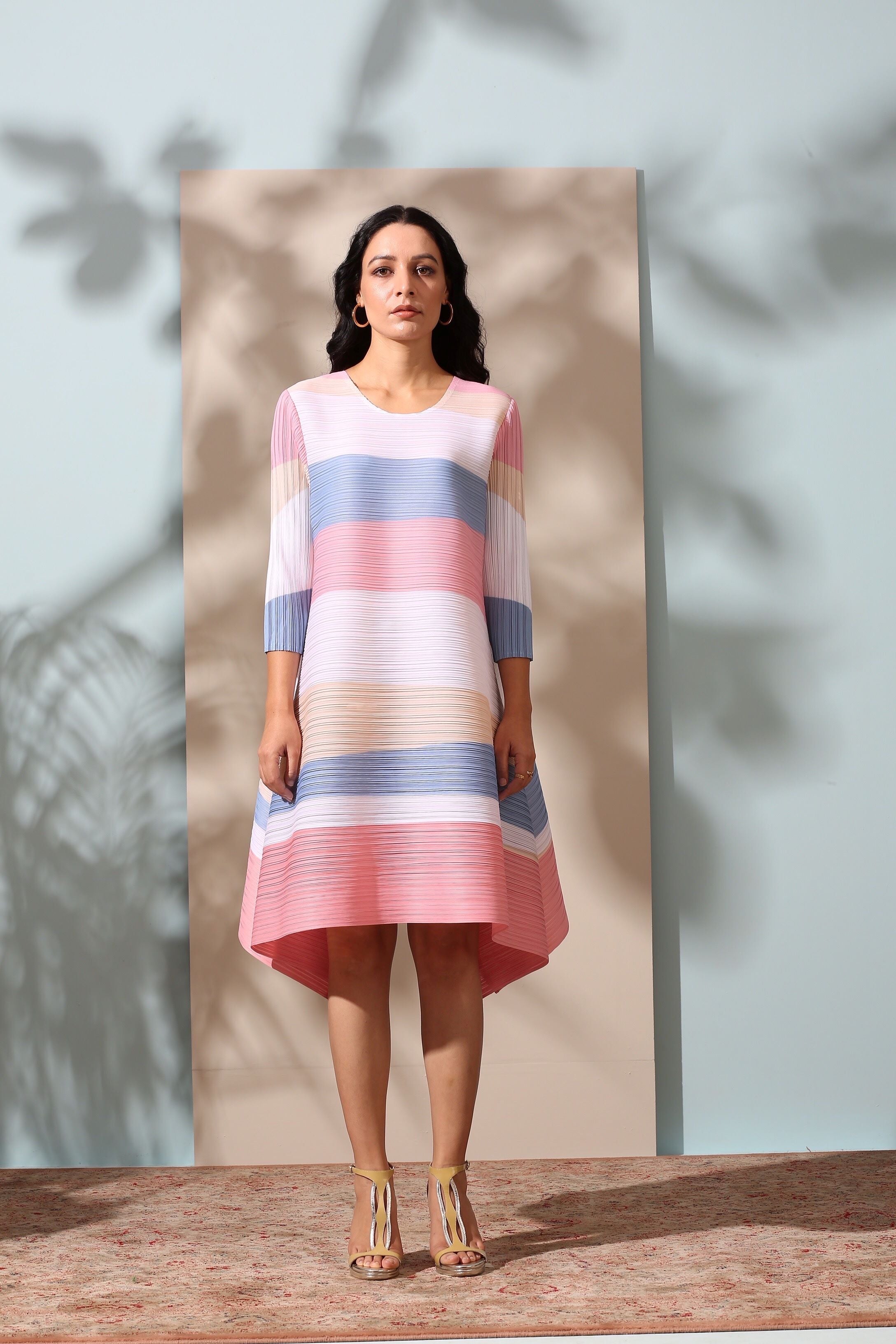 PINK PASTEL STRIPE PLEATS DRESS