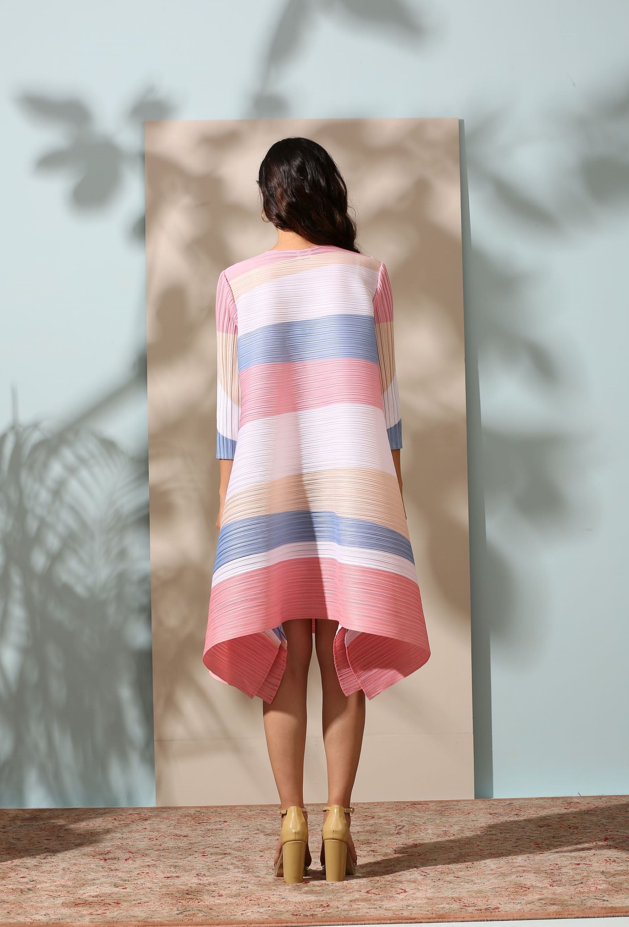 PINK PASTEL STRIPE PLEATS DRESS