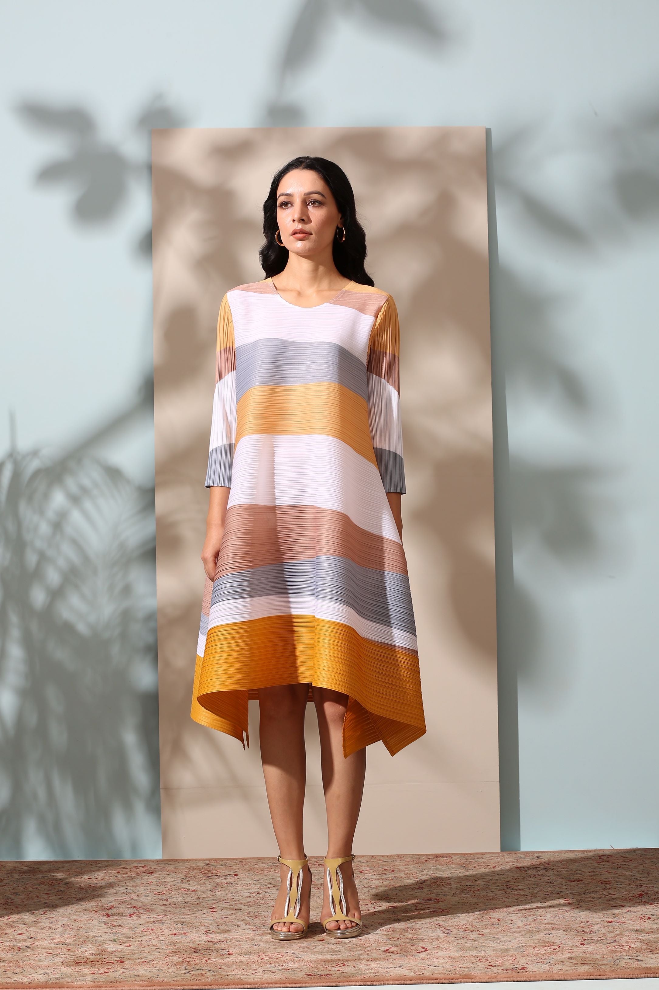YELLOW PASTEL STRIPE PLEATS DRESS