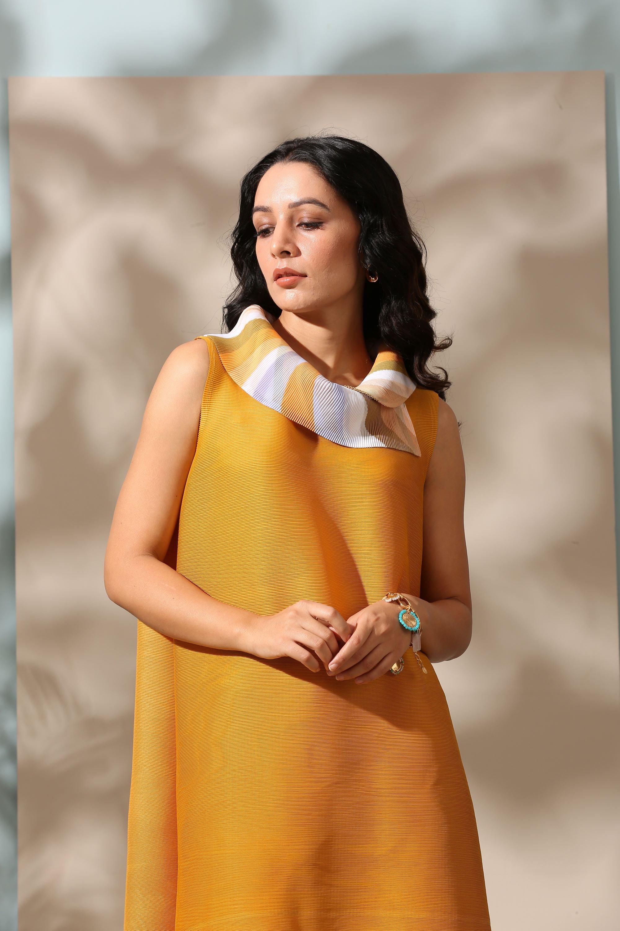 YELLOW PRINTED SCARF NECK DRESS