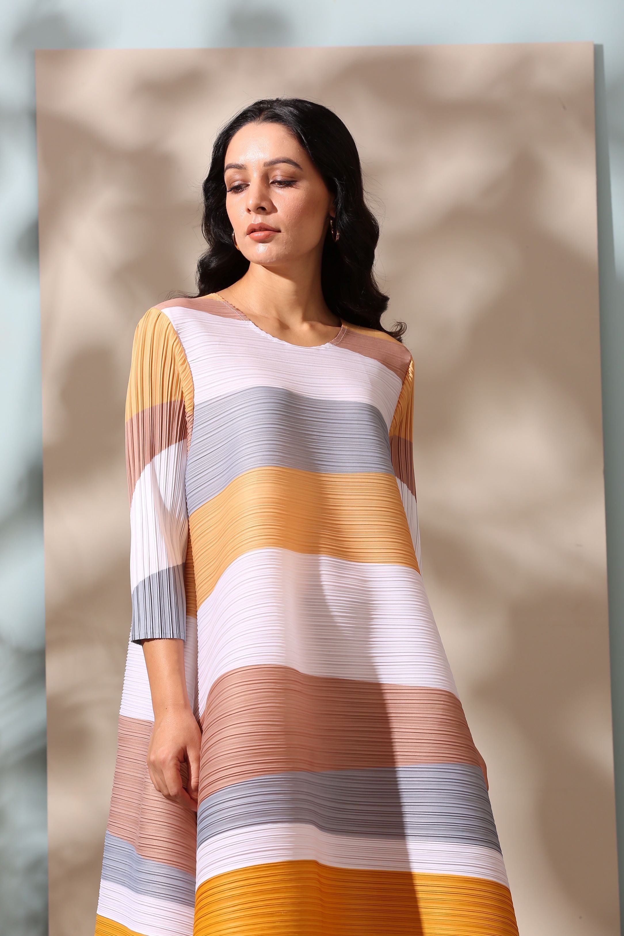 YELLOW PASTEL STRIPE PLEATS DRESS