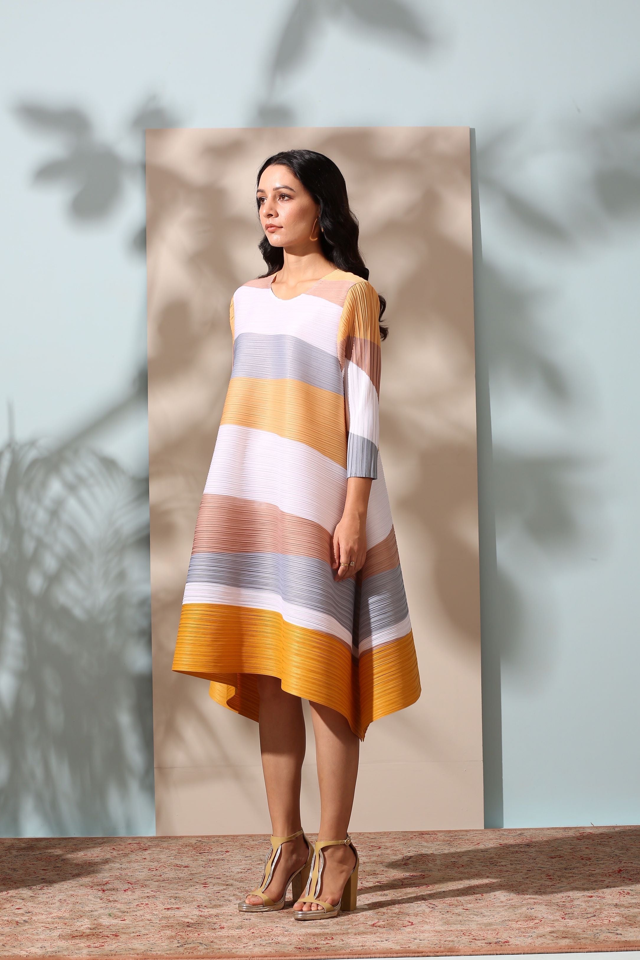 YELLOW PASTEL STRIPE PLEATS DRESS