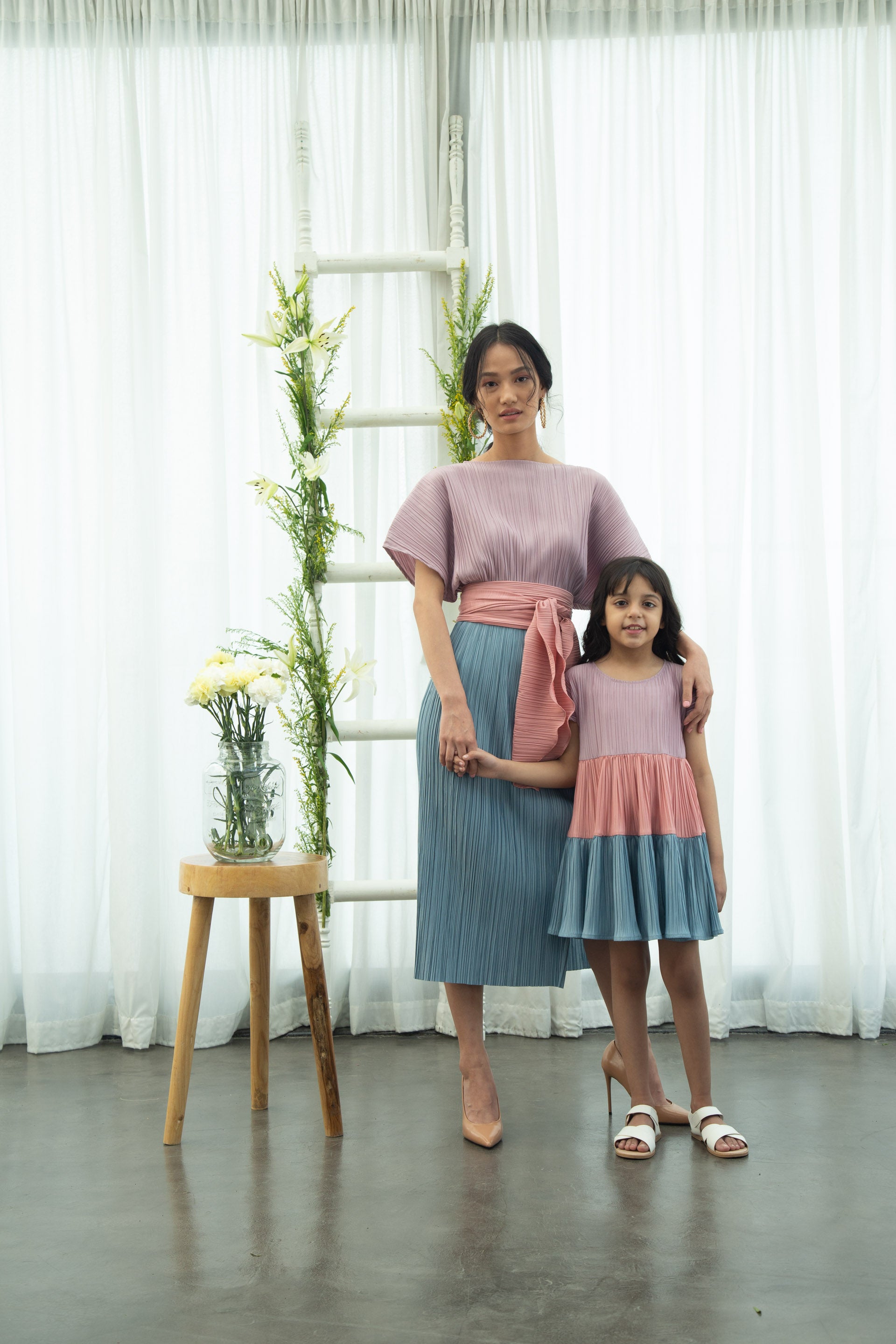 PINK & BLUE PLEATS DRESS WITH BELT