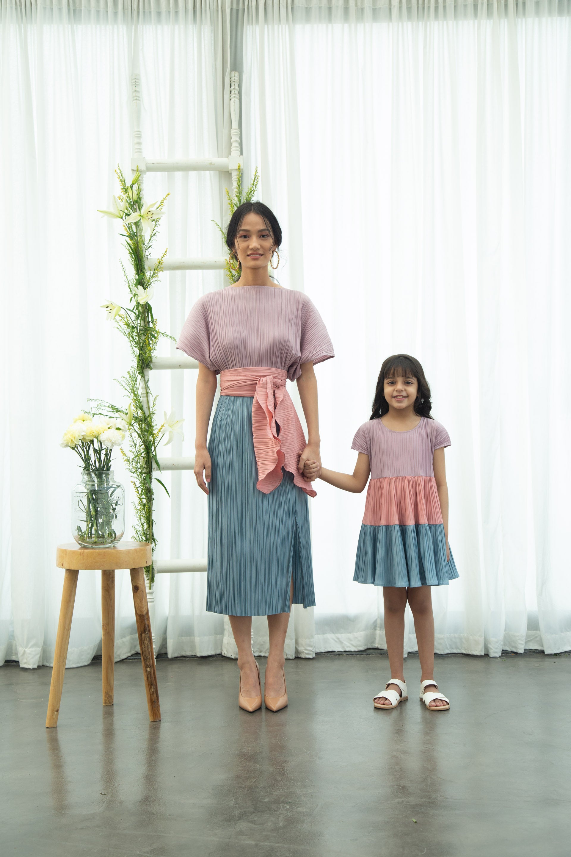 PINK & BLUE PLEATS DRESS WITH BELT